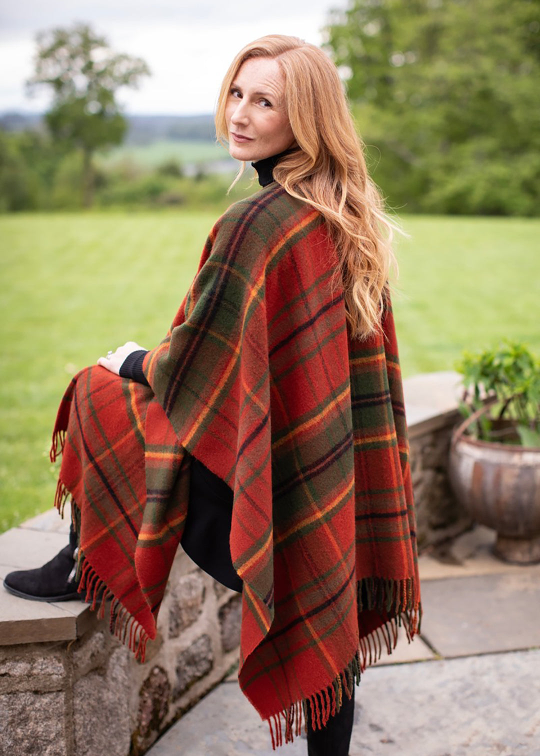 Limited edition Autumn Woodland Walk lambswool serape featuring an original plaid design by Araminta Campbell.