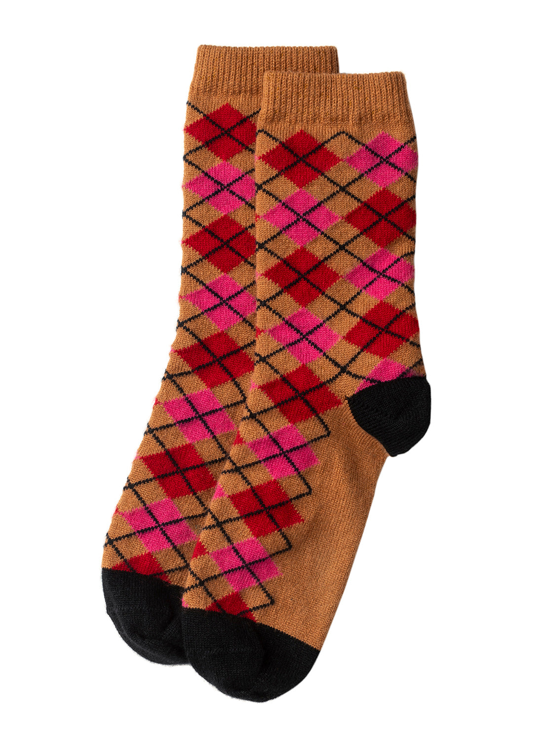 Cashmere bed socks with a contemporary take on the classic Argyle pattern.