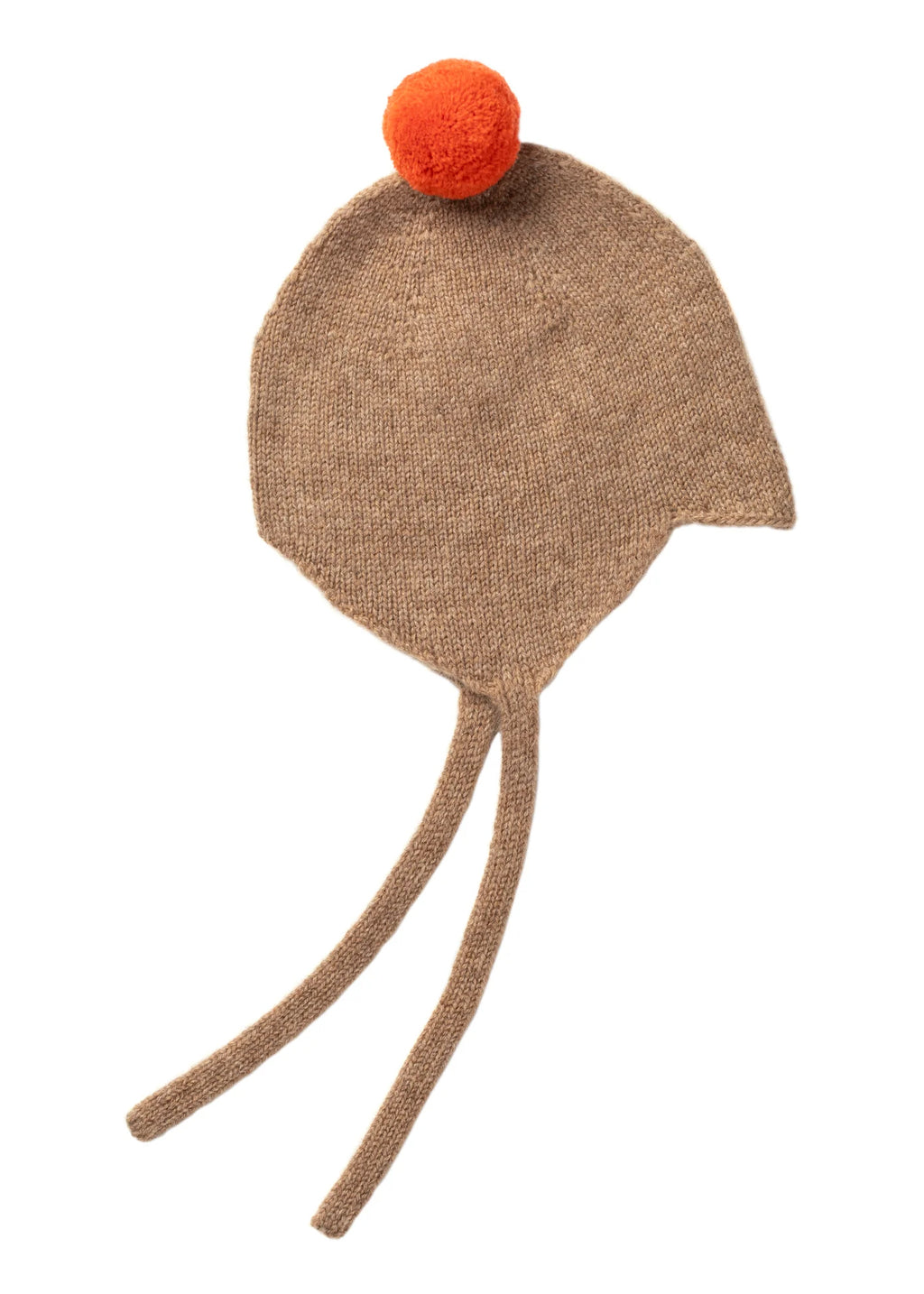 Cashmere baby bonnet in camel with a vibrant orange pom pom.