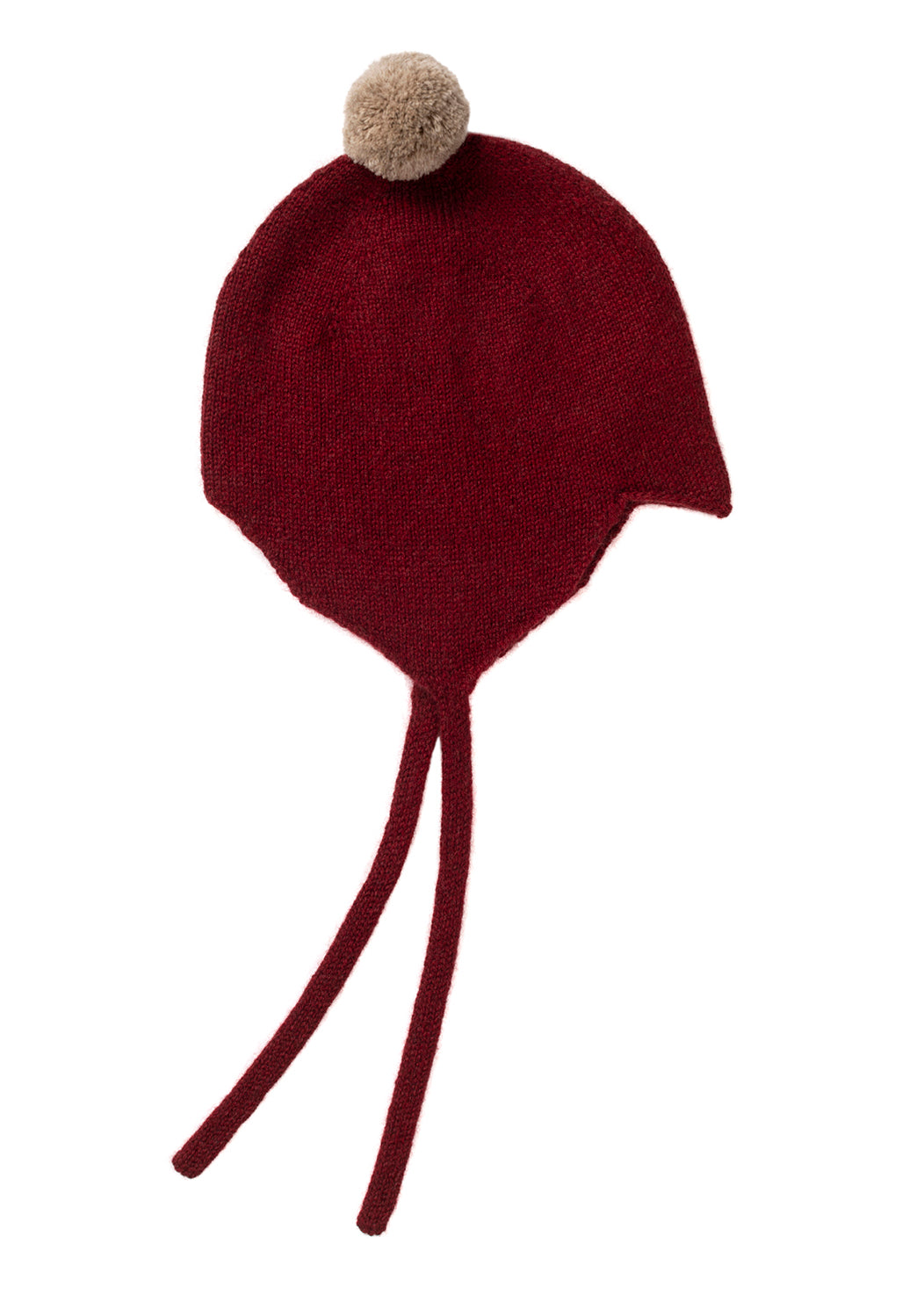 Cashmere baby bonnet in jam red with a stone grey pom-pom.
