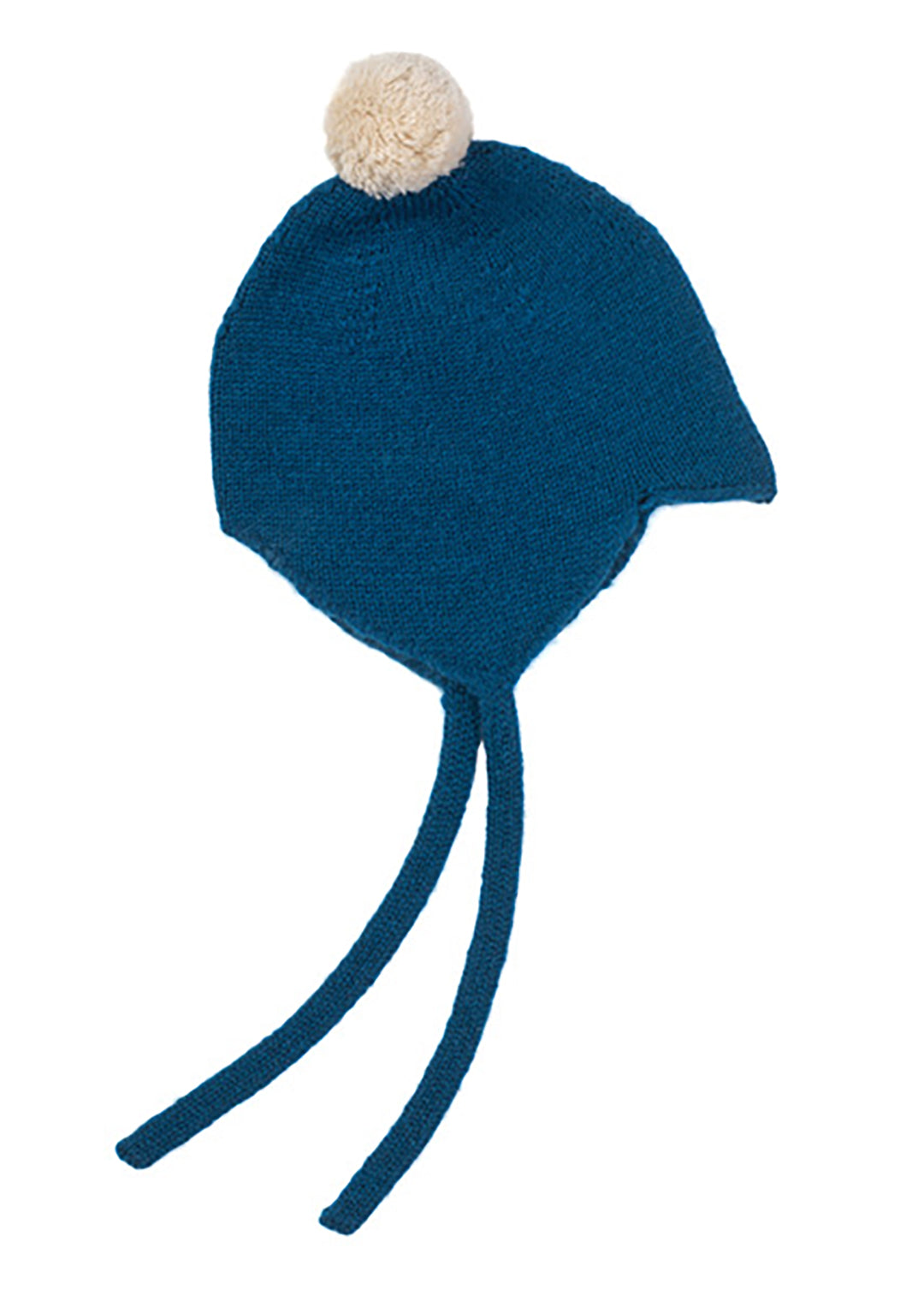 Cashmere baby bonnet in ultramarine blue with an ivory pom-pom.