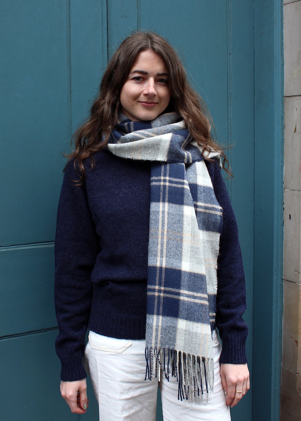 Tartan Blanket Stole in Bannockbane Grey shown on model.
