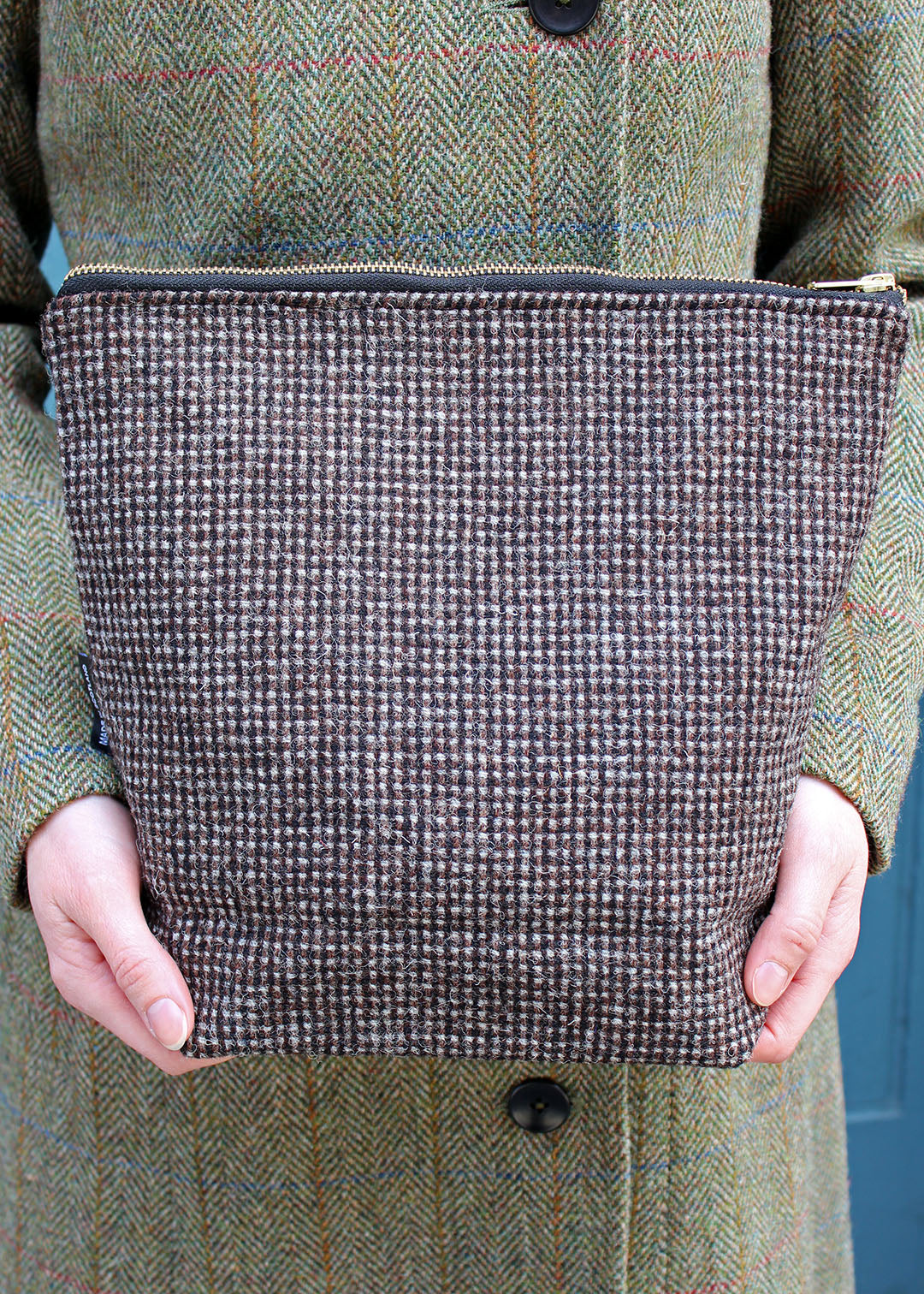A useful, extra large multi purpose bag made using dark brown and light grey Harris Tweed®, woven on the Outer Hebrides