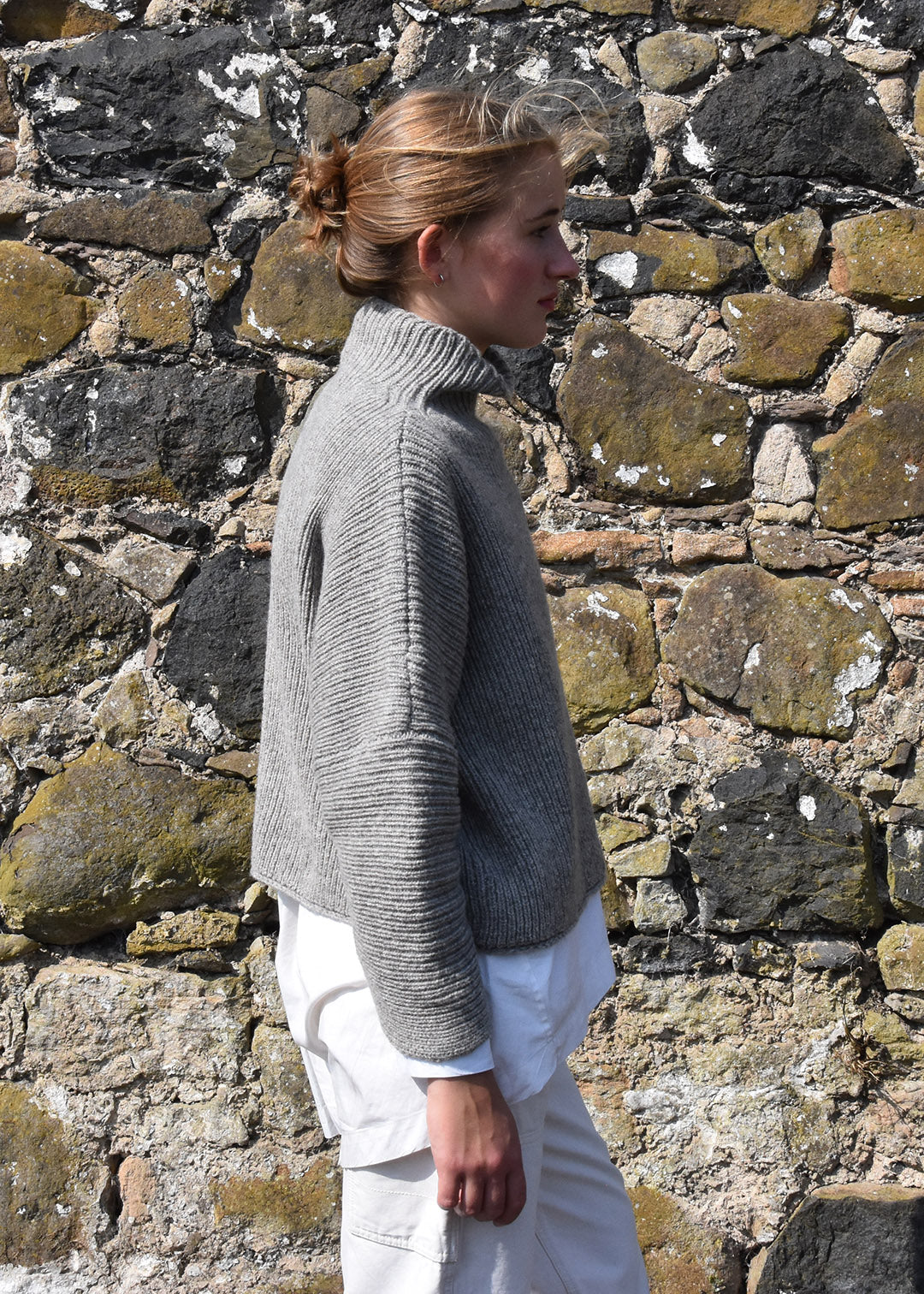 Luxury hand frame knitted jumper made with un-dyed, natural grey wool from Shetland sheep.