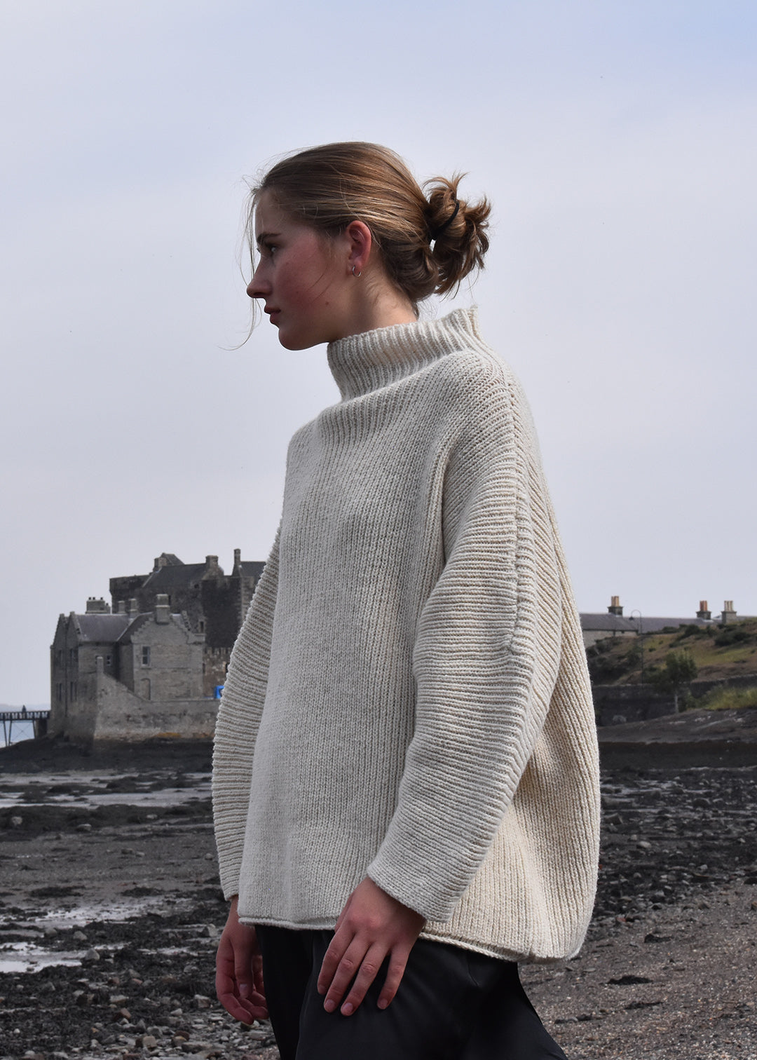 Luxury hand frame knitted jumper made with un-dyed wool from Shetland sheep.