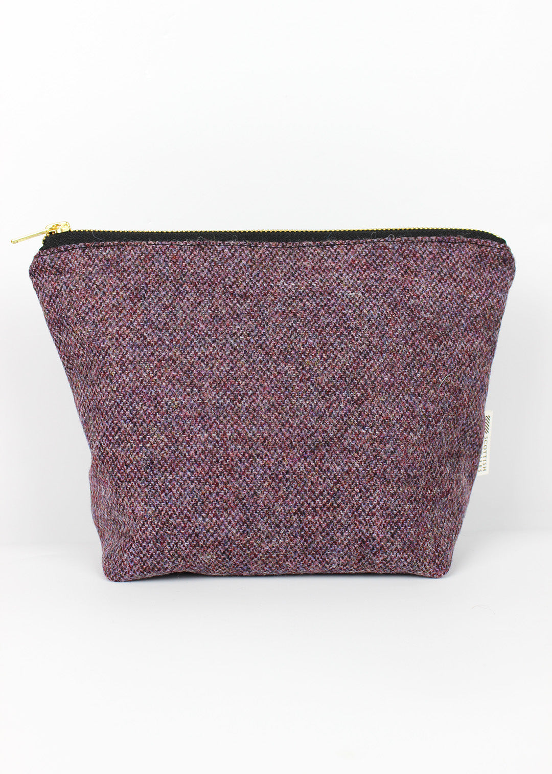 Borders tweed cosmetic bag in heather purple with brass zip.