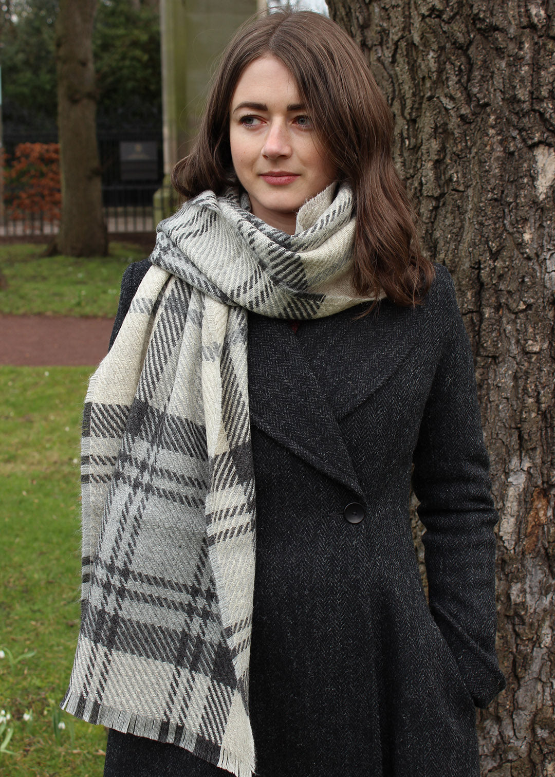 classic checked scarf in shades of grey has been woven in Scotland using 100% wool sustainably sourced in the UK from British reared sheep