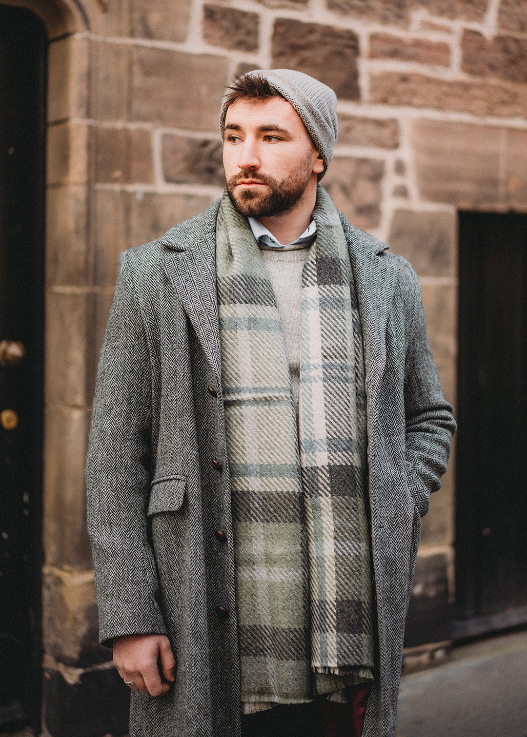 British wool, checked scarf woven in steel blue, slate grey and sage green.