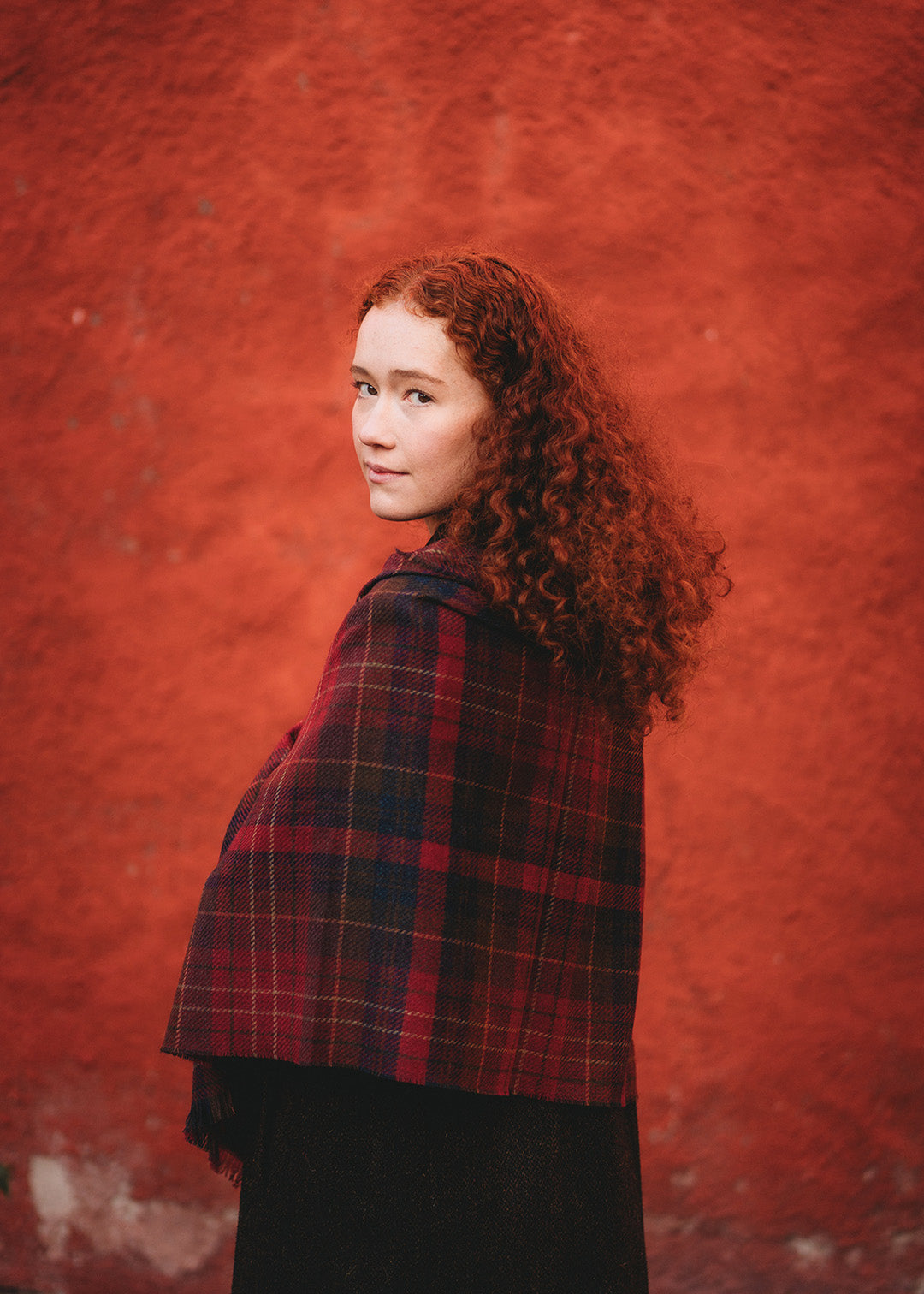 Brock stole woven in Caledonia ruby tartan.