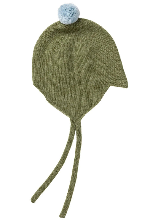 Beautiful cashmere baby bonnet in ivy green, knitted in the Scottish Borders.