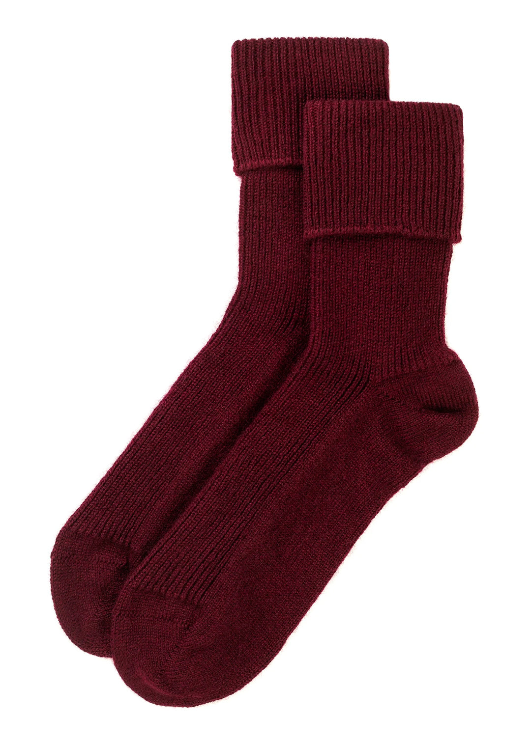 Cashmere bed socks in deep damson red.