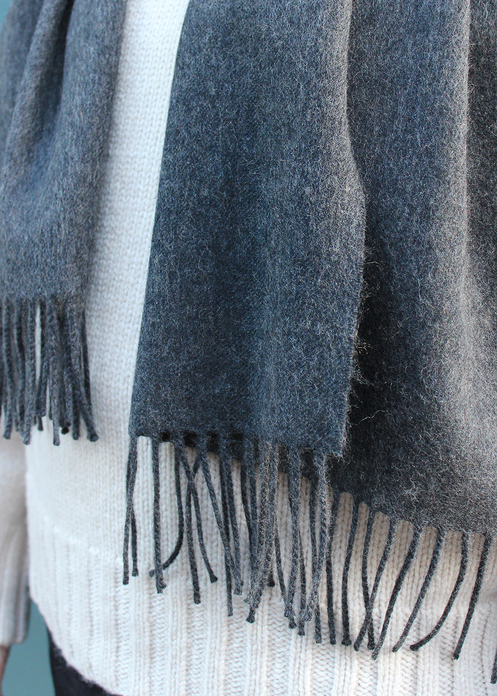 Beautifully soft wide cashmere scarf in classic charcoal grey.