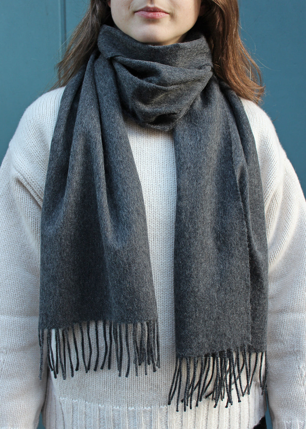 Beautifully soft wide cashmere scarf in classic charcoal grey.