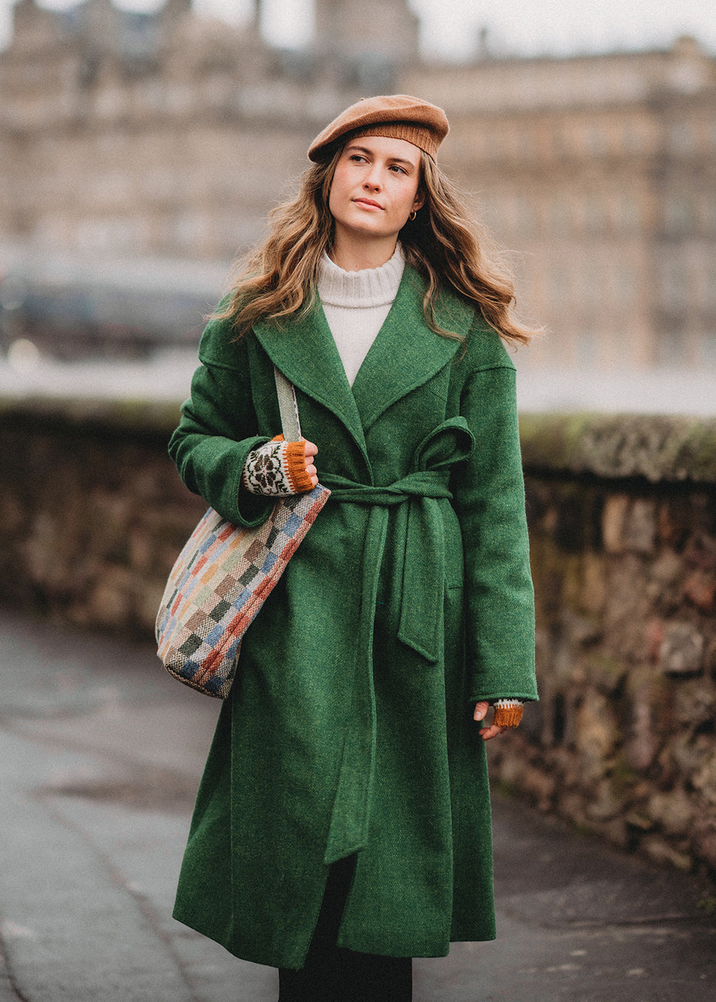 Pure wool Harris Tweed coat in emerald green.