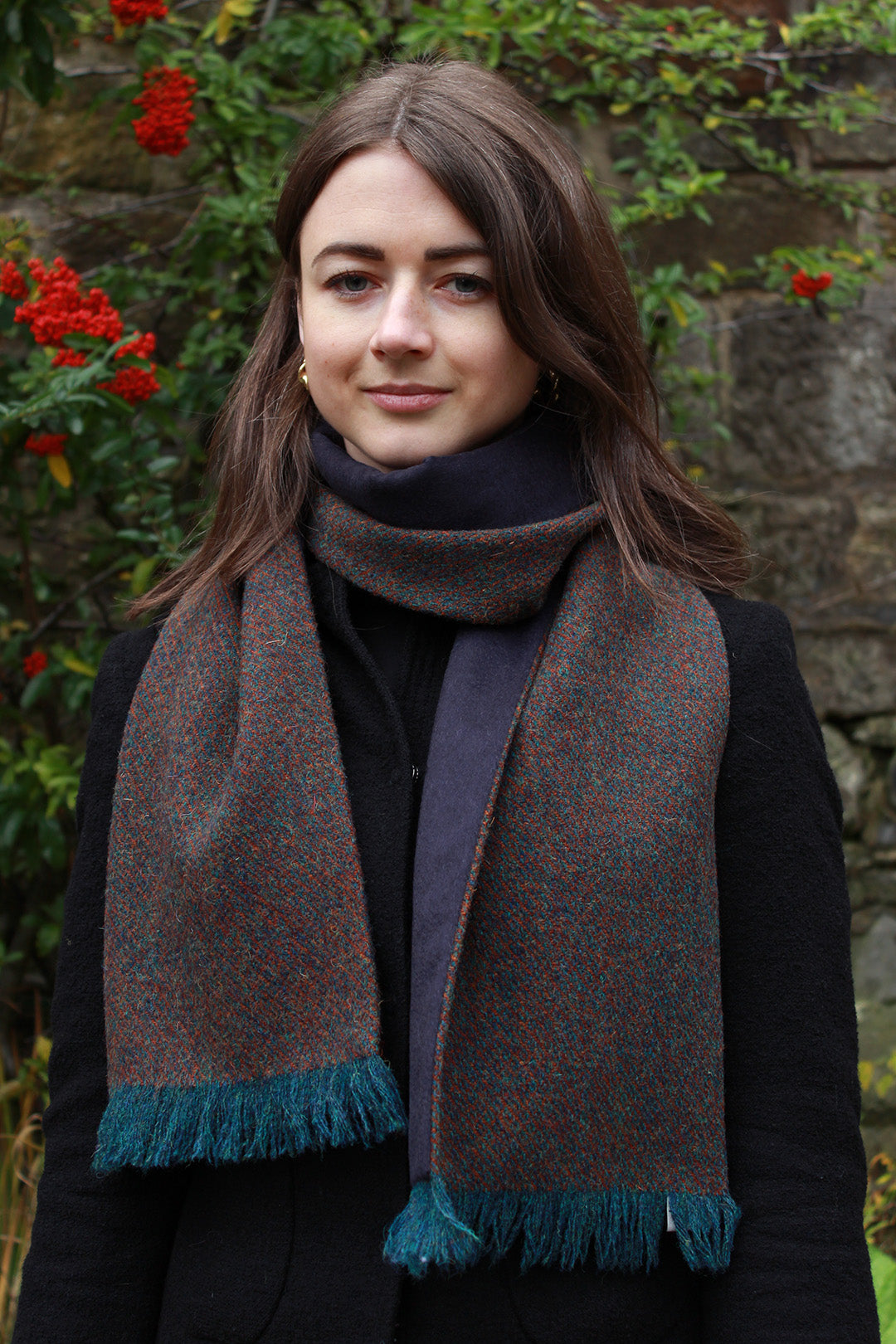 Harris Tweed cashmere scarf shown on model. Scottish Textiles Showcase.
