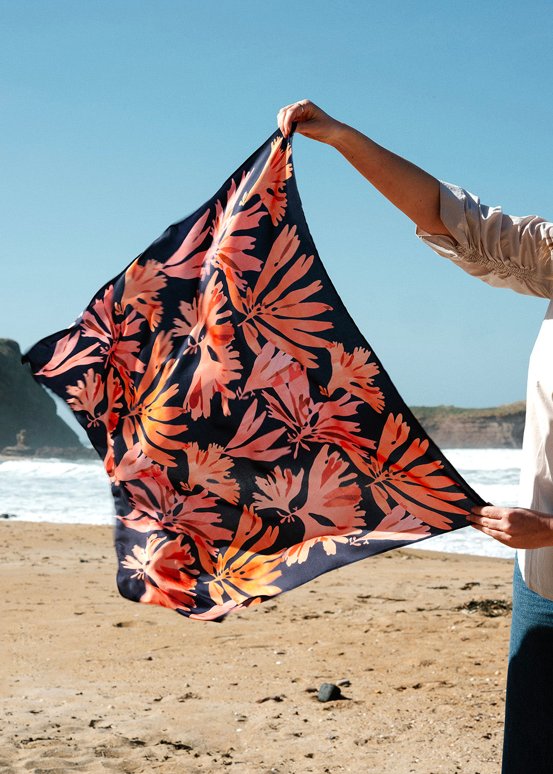 The Dulse silk scarf features a collaged print of dulse, a seaweed found on the coastline of the Isle of Mull.