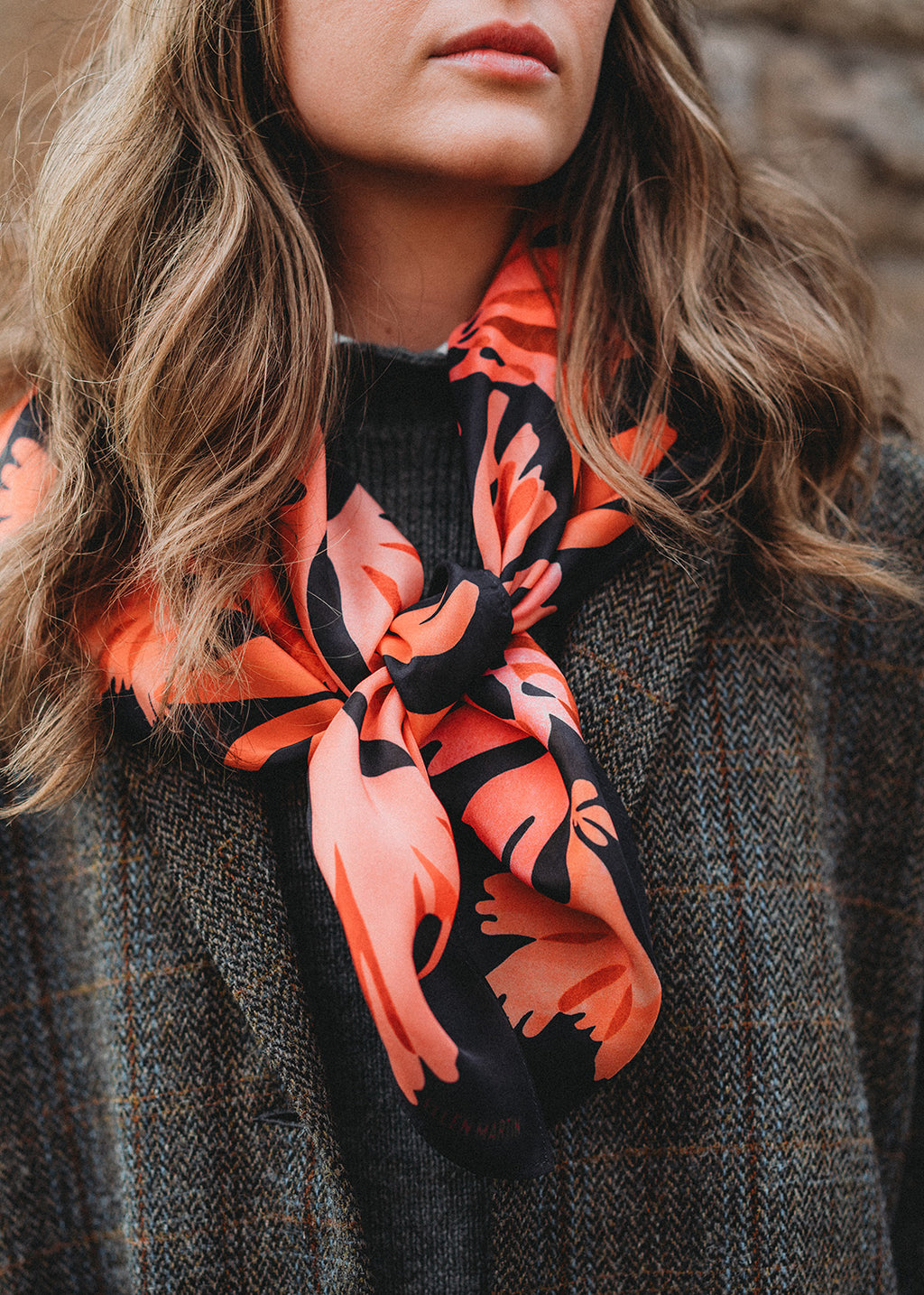 The Dulse silk scarf features a collaged print of dulse, a seaweed found on the coastline of the Isle of Mull.