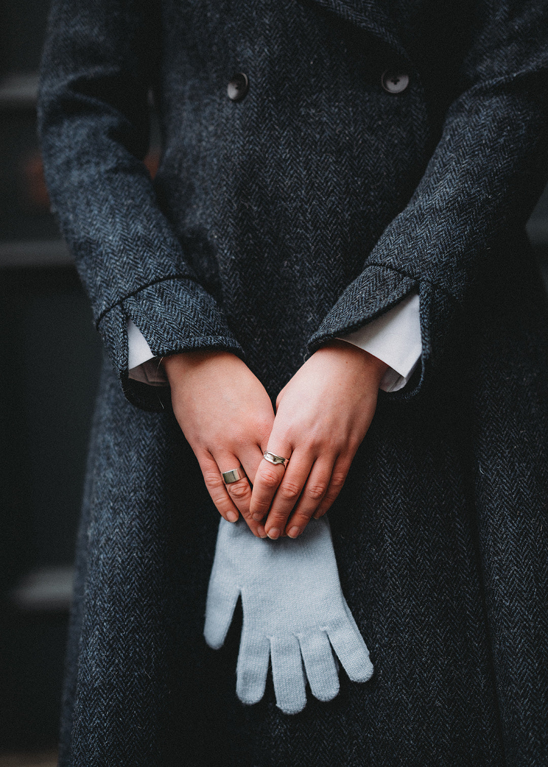 Pure wool Harris Tweed coat in Navy Herringbone.