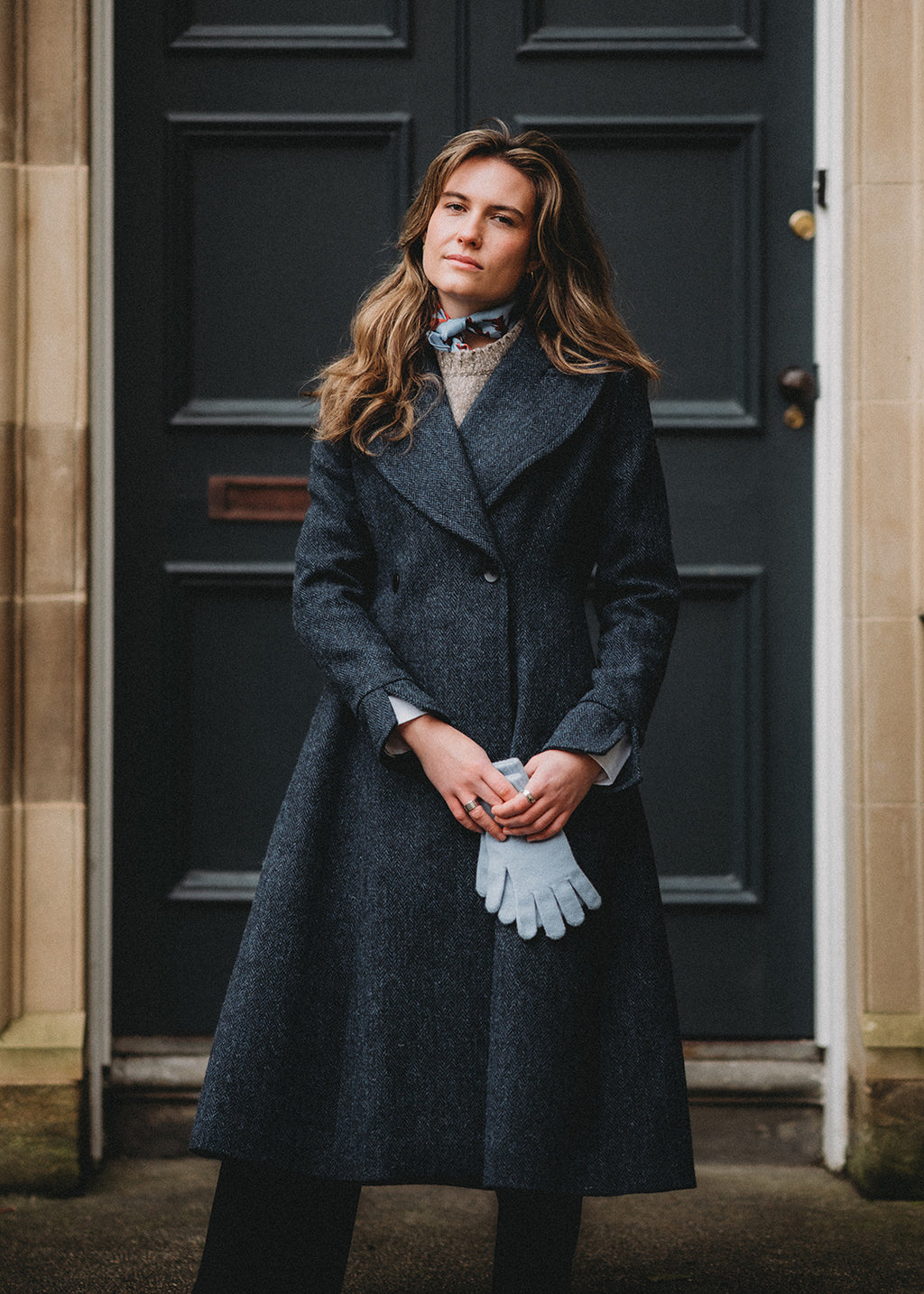 Pure wool Harris Tweed coat in Navy Herringbone.