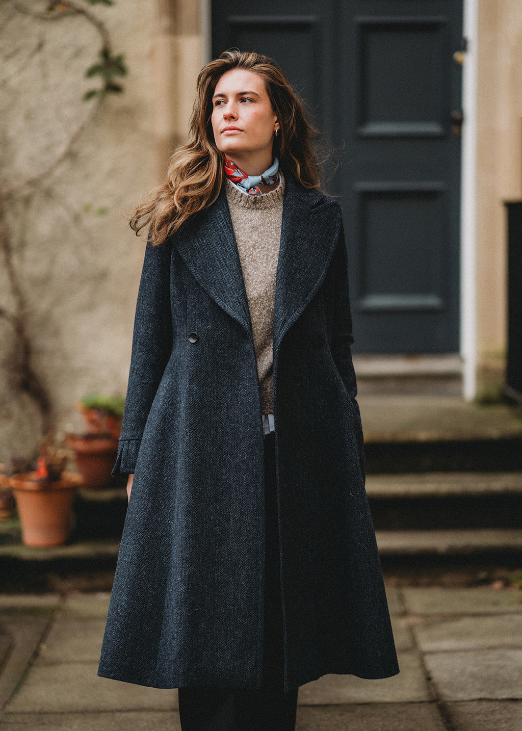 Pure wool Harris Tweed coat in Navy Herringbone.