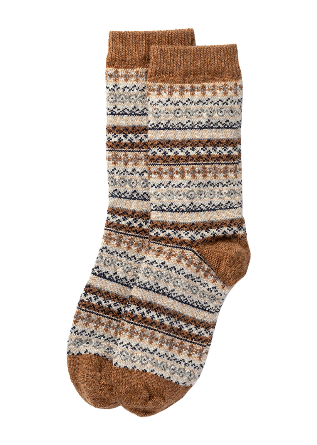 Cashmere bed socks in a caramel, ivory, grey and black Fair Isle pattern.