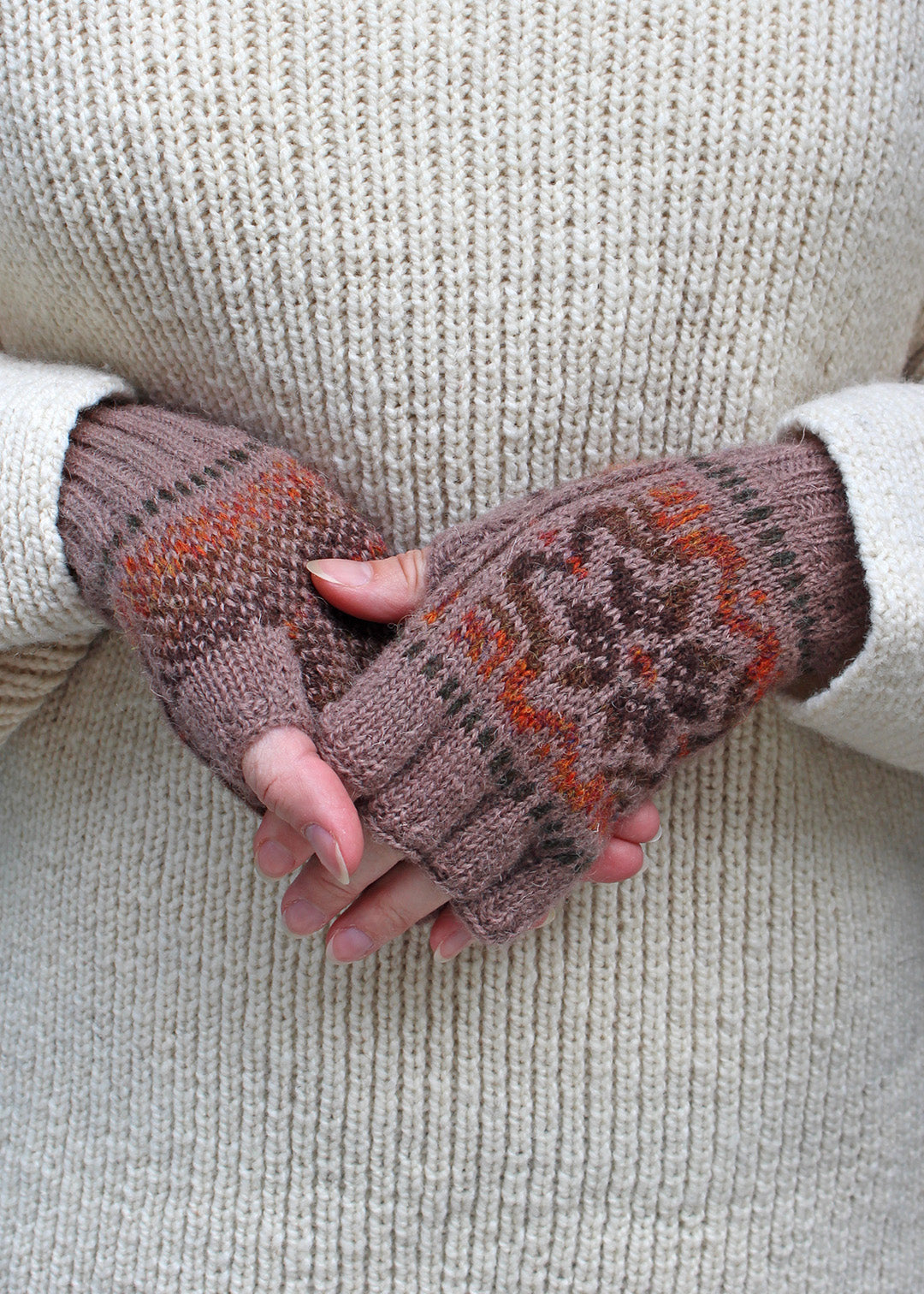 Shetland Fair Isle Fingerless Gloves Brown