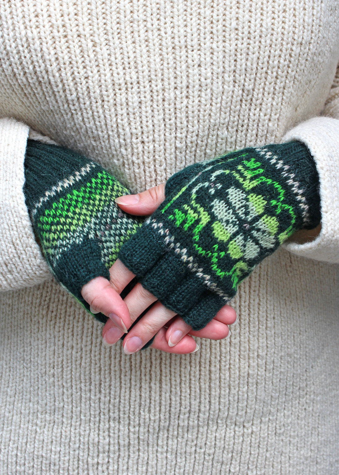 Shetland Fair Isle Fingerless Gloves Green