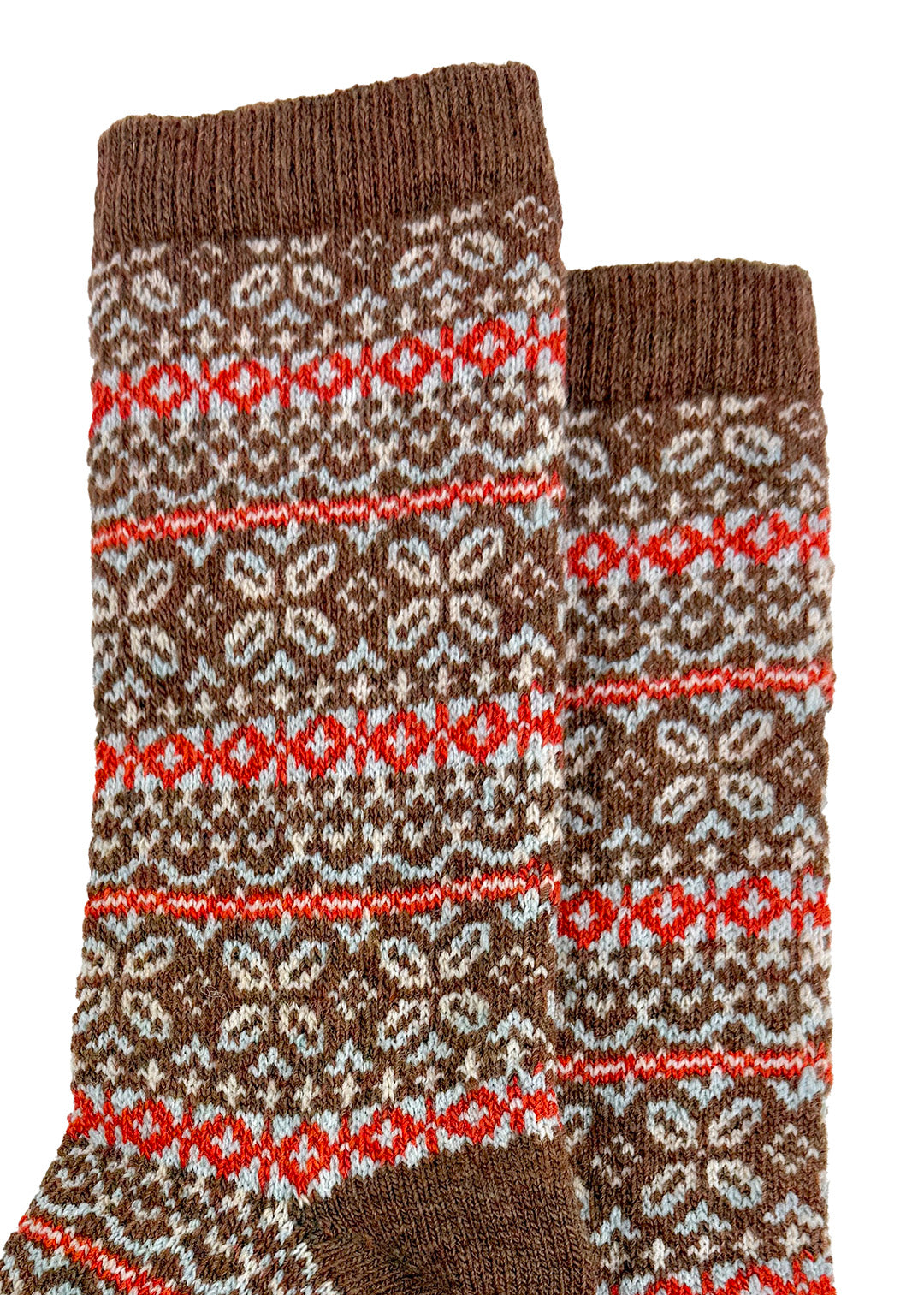 Lambswool Fair Isle socks in Hazelnut, with a warm brown base colour and a contrasting Fair Isle design in cream, orange and a hint of pale blue.