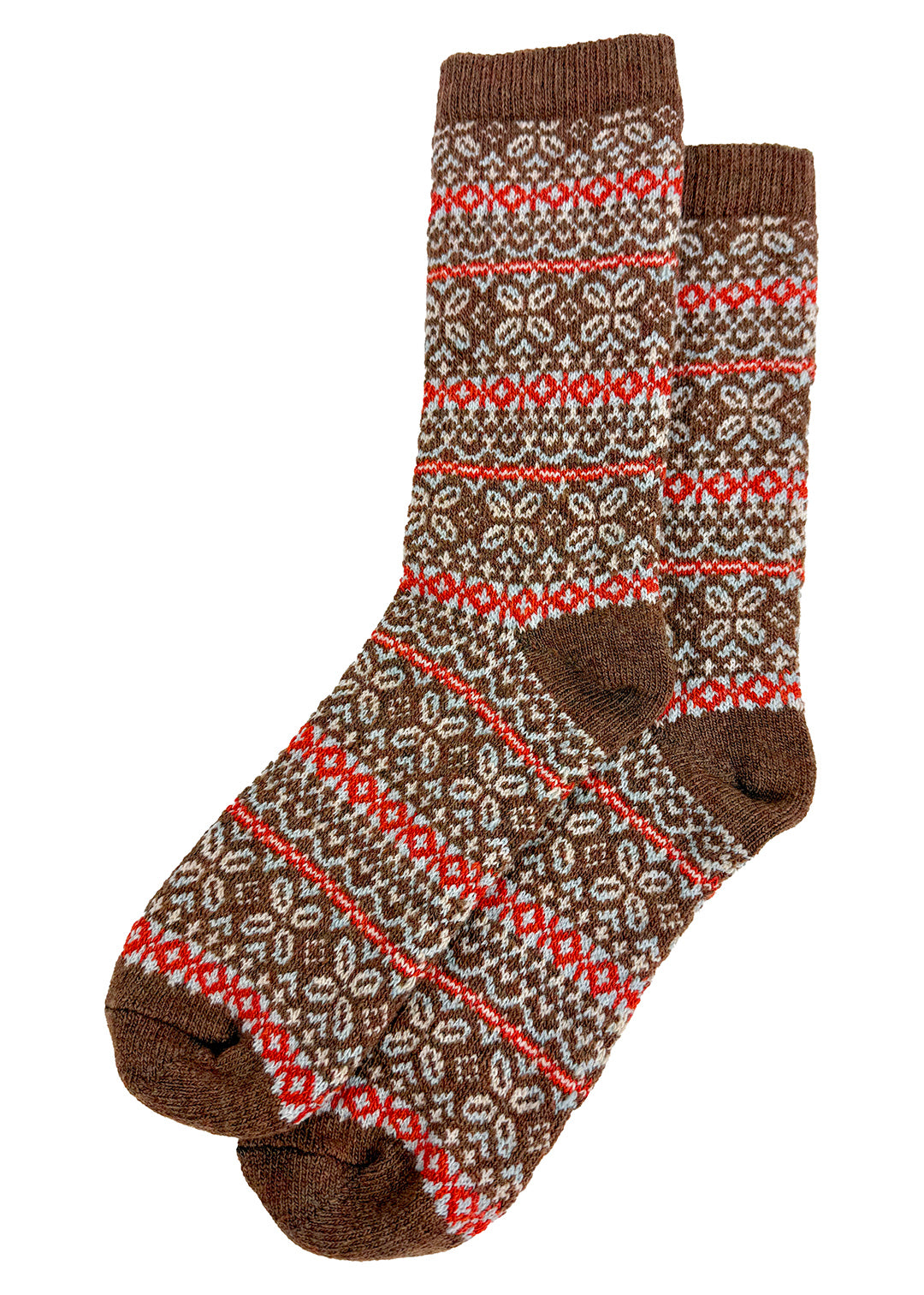 Lambswool Fair Isle socks in Hazelnut, with a warm brown base colour and a contrasting Fair Isle design in cream, orange and a hint of pale blue.