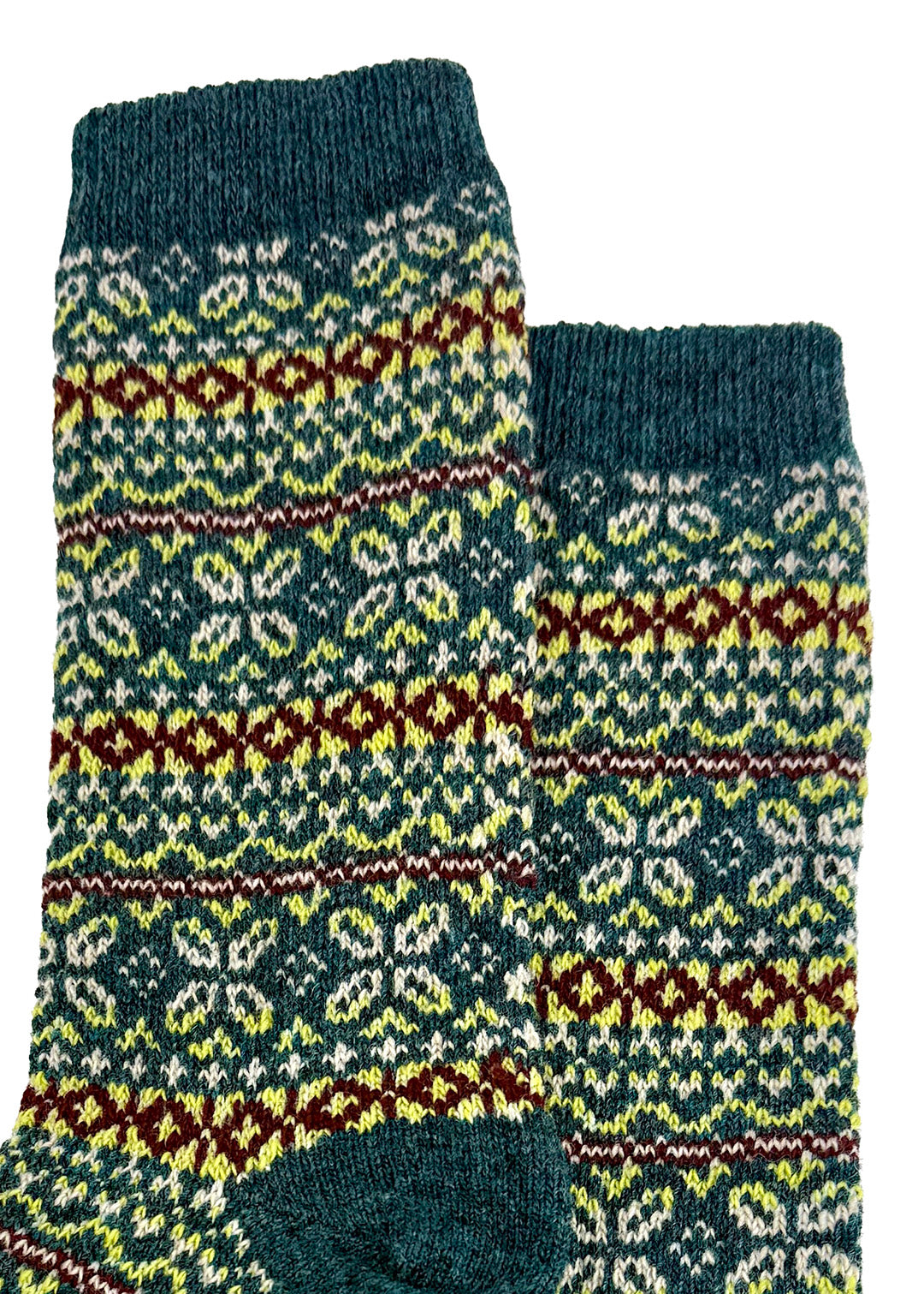 Fair Isle socks in Lugano, with a dark teal base colour with a contrasting Fair Isle design in chartreuse, burgundy and a hint of white.