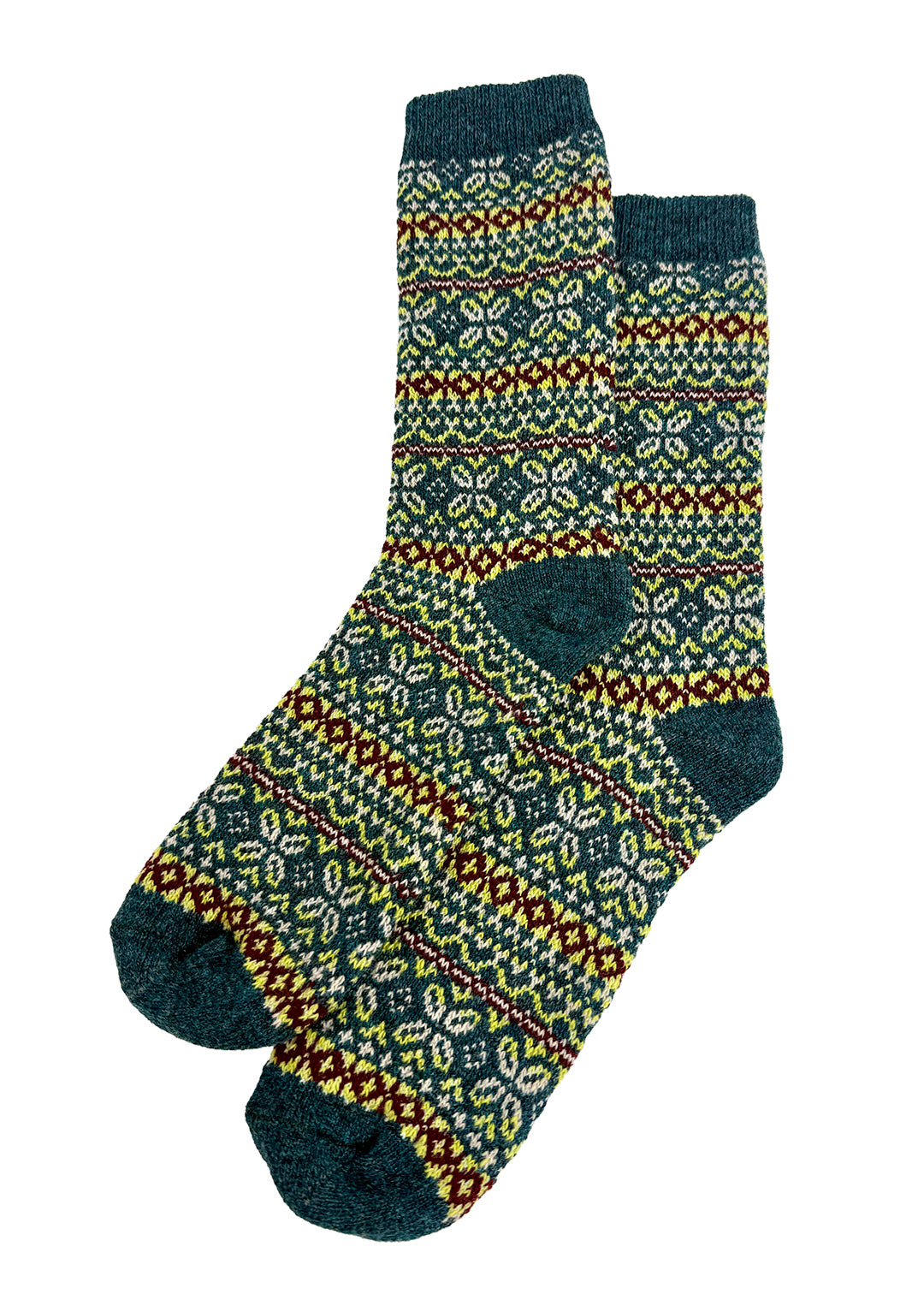 Fair Isle socks in Lugano, with a dark teal base colour with a contrasting Fair Isle design in chartreuse, burgundy and a hint of white.