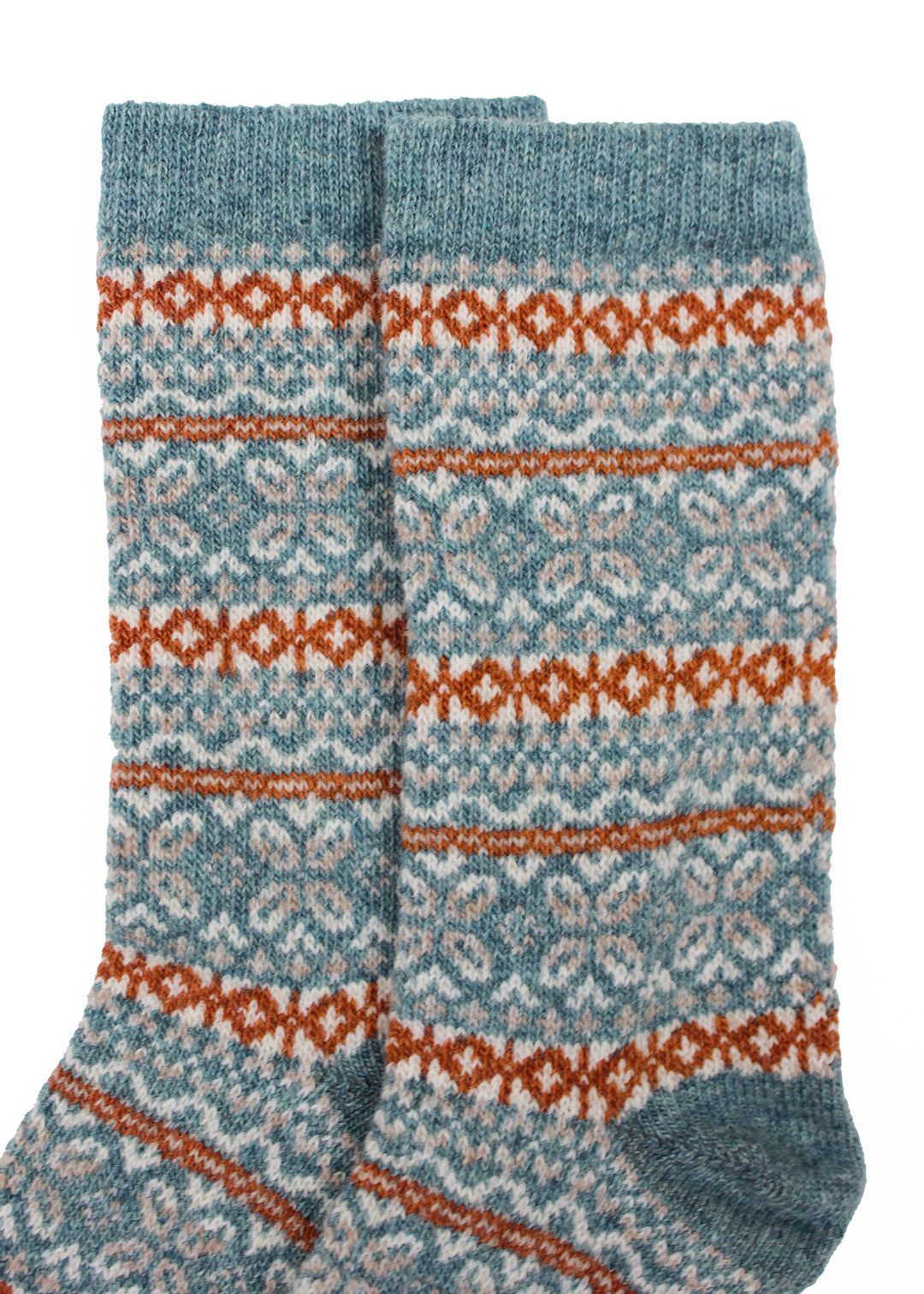 Teal blue, rust and cream lambswool socks with Fair Isle pattern.