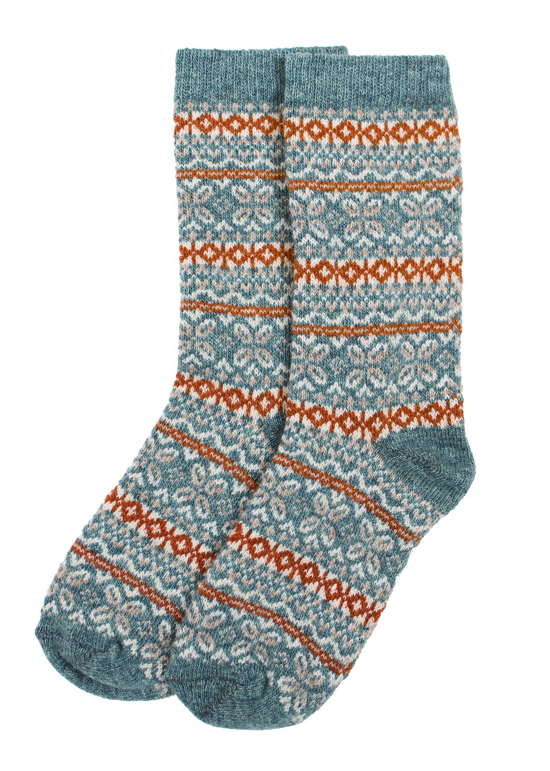 Teal blue, rust and cream lambswool socks with Fair Isle pattern.