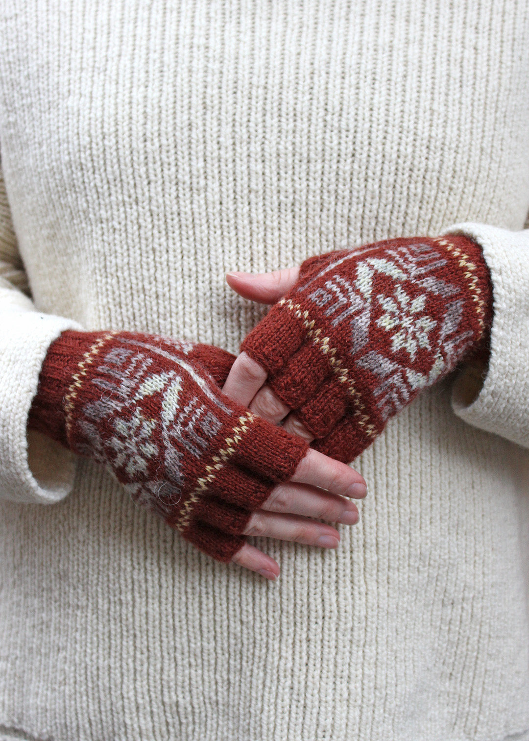 Shetland Fair Isle Fingerless Gloves Brown