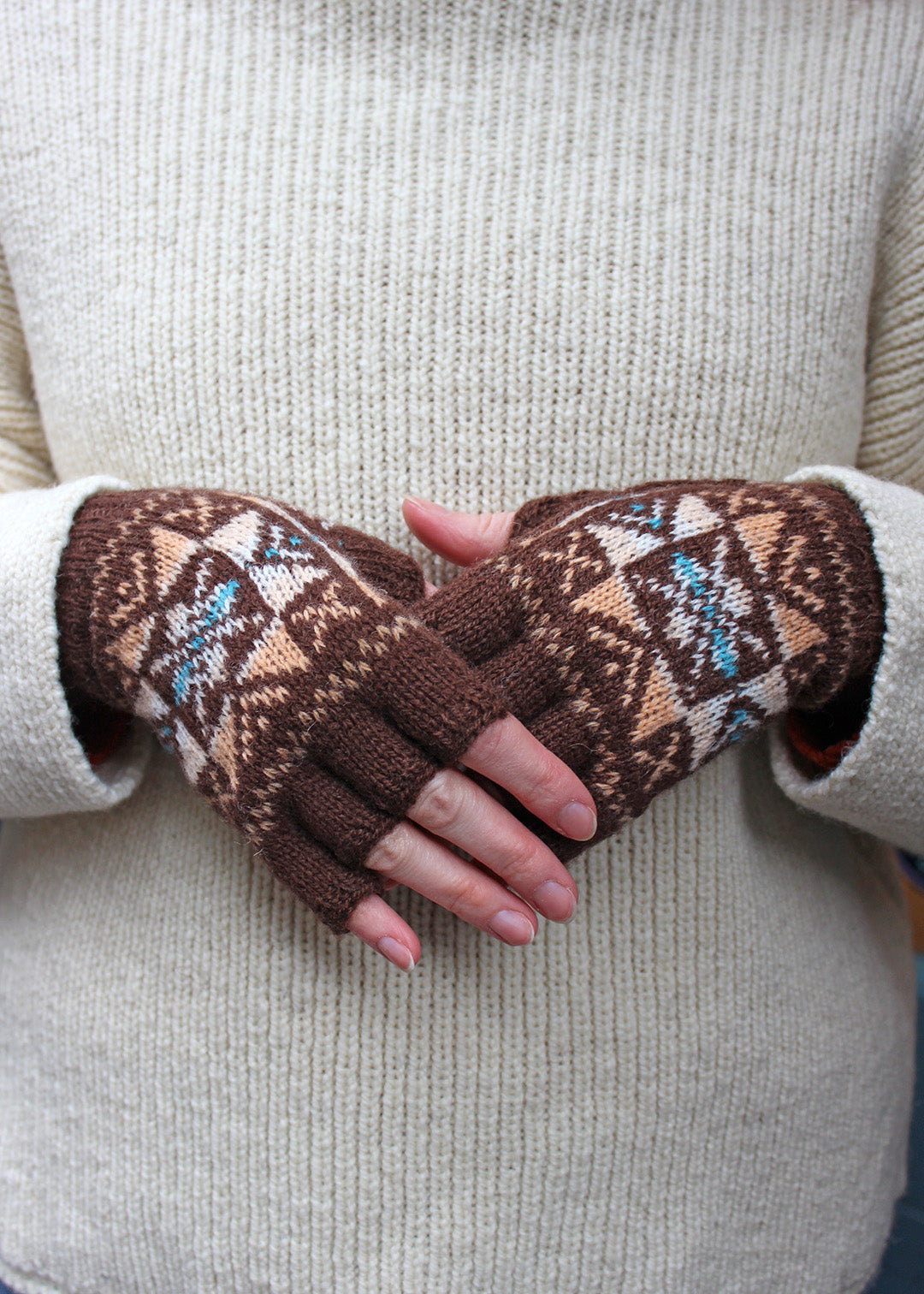 Shetland Fair Isle Fingerless Gloves Brown