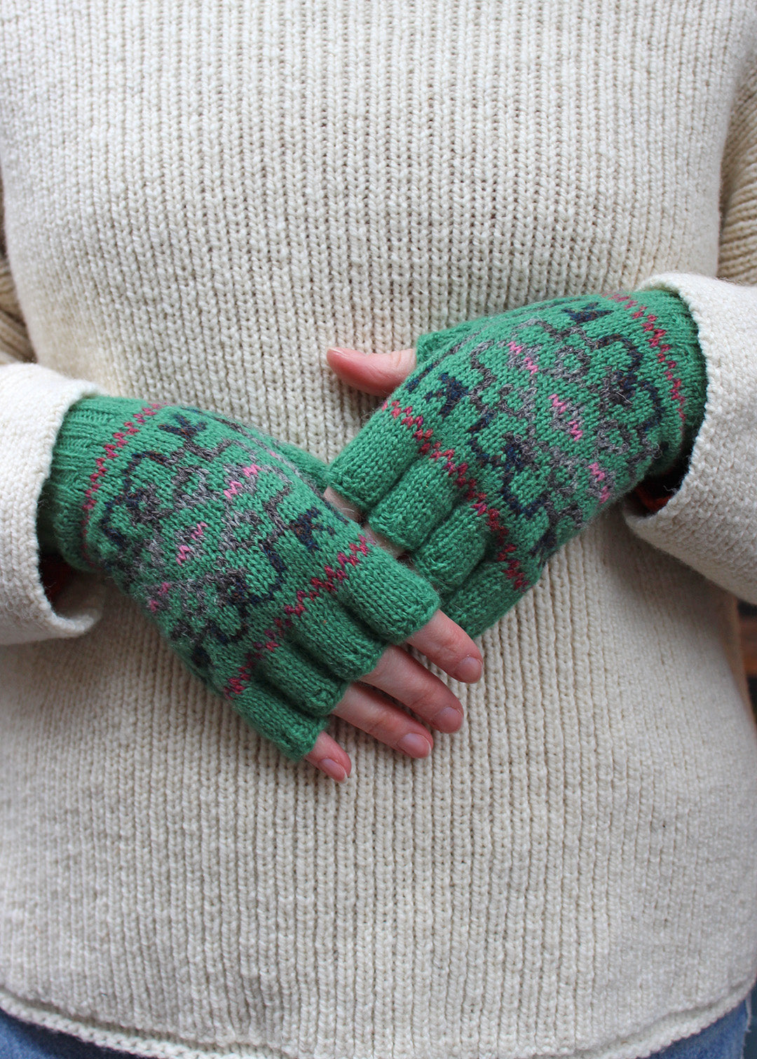 Shetland Fair Isle Fingerless Gloves Green