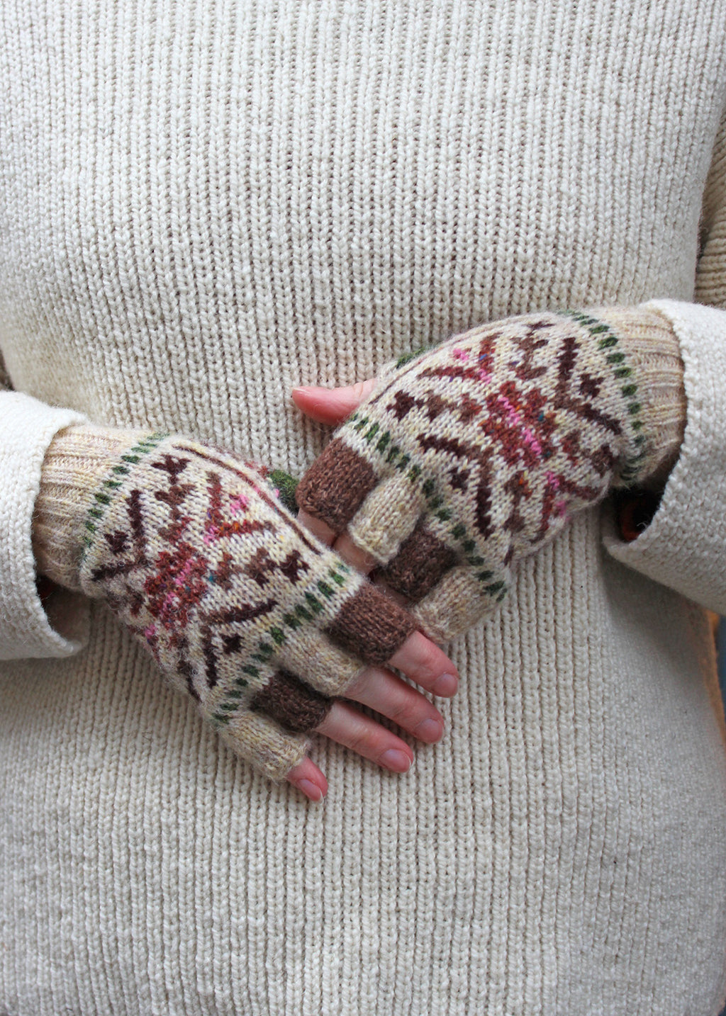 Shetland Fair Isle Fingerless Gloves Oatmeal
