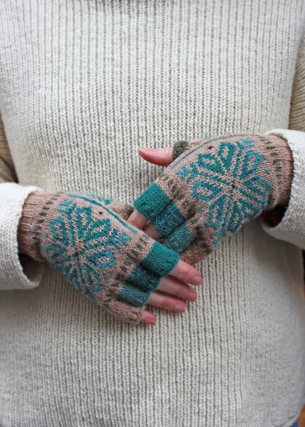 Shetland Fair Isle Fingerless Gloves Oatmeal
