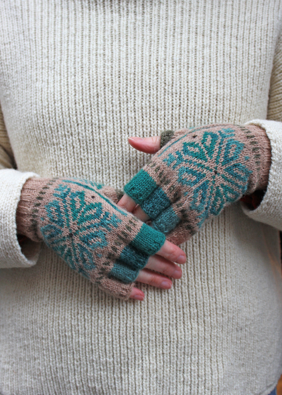 Shetland Fair Isle Fingerless Gloves Oatmeal