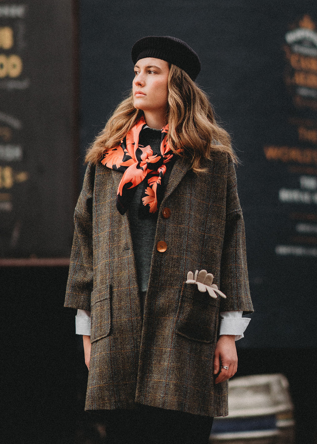 Pure wool Harris Tweed coat in a brown herringbone check.