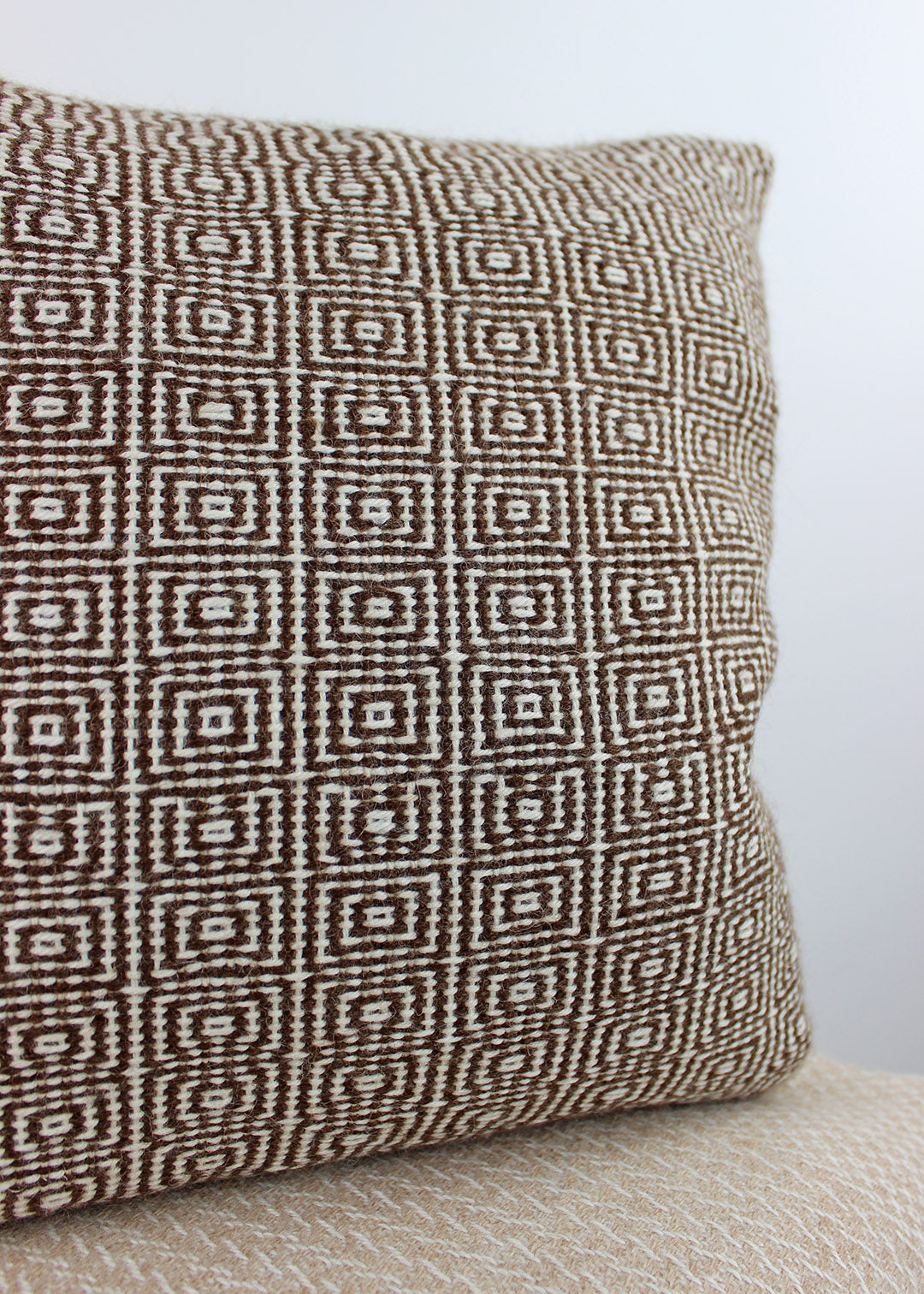 Limited edition, handwoven alpaca cushion in natural, un-dyed cream and brown. Made in Edinburgh by spinner, dyer and weaver Kristina Taylor.
