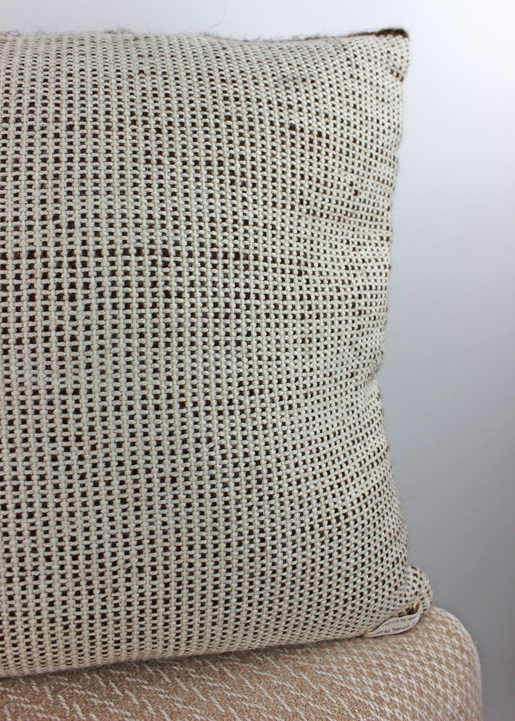 Limited edition, handwoven alpaca cushion in natural, un-dyed cream and brown. Made in Edinburgh by spinner, dyer and weaver Kristina Taylor.