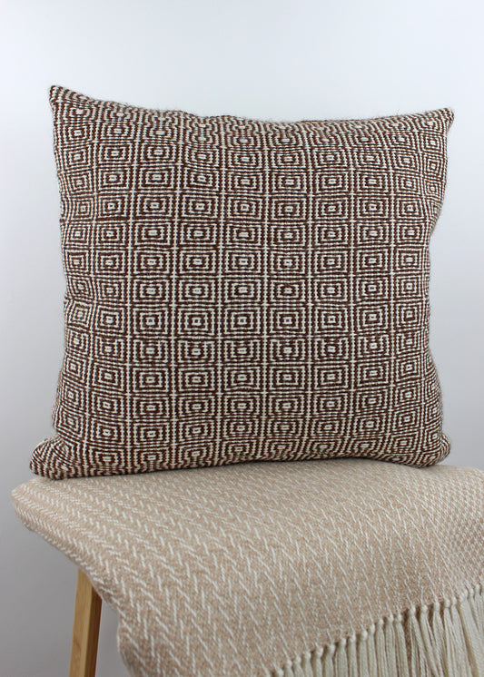 Limited edition, handwoven alpaca cushion in natural, un-dyed cream and brown. Made in Edinburgh by spinner, dyer and weaver Kristina Taylor.