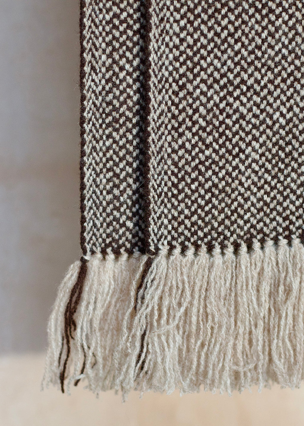 Handwoven British wool scarf in Shetland Black and Mooskit - un-dyed, natural colours.