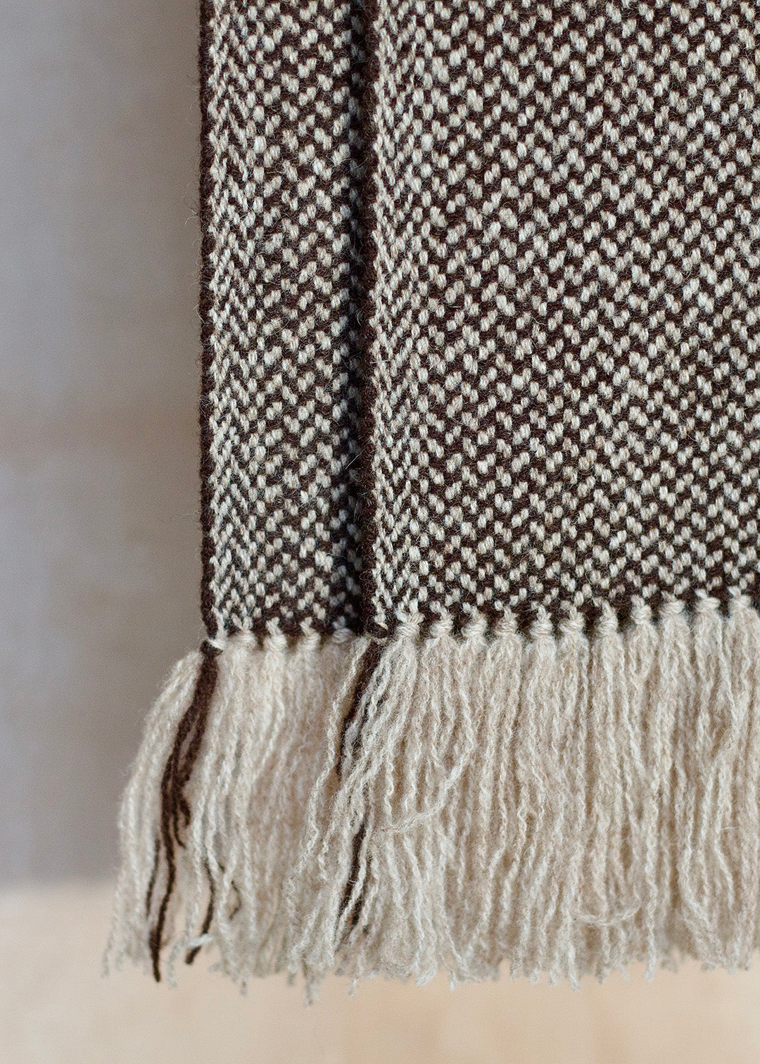 Handwoven British wool scarf in Shetland Black and Mooskit - un-dyed, natural colours.