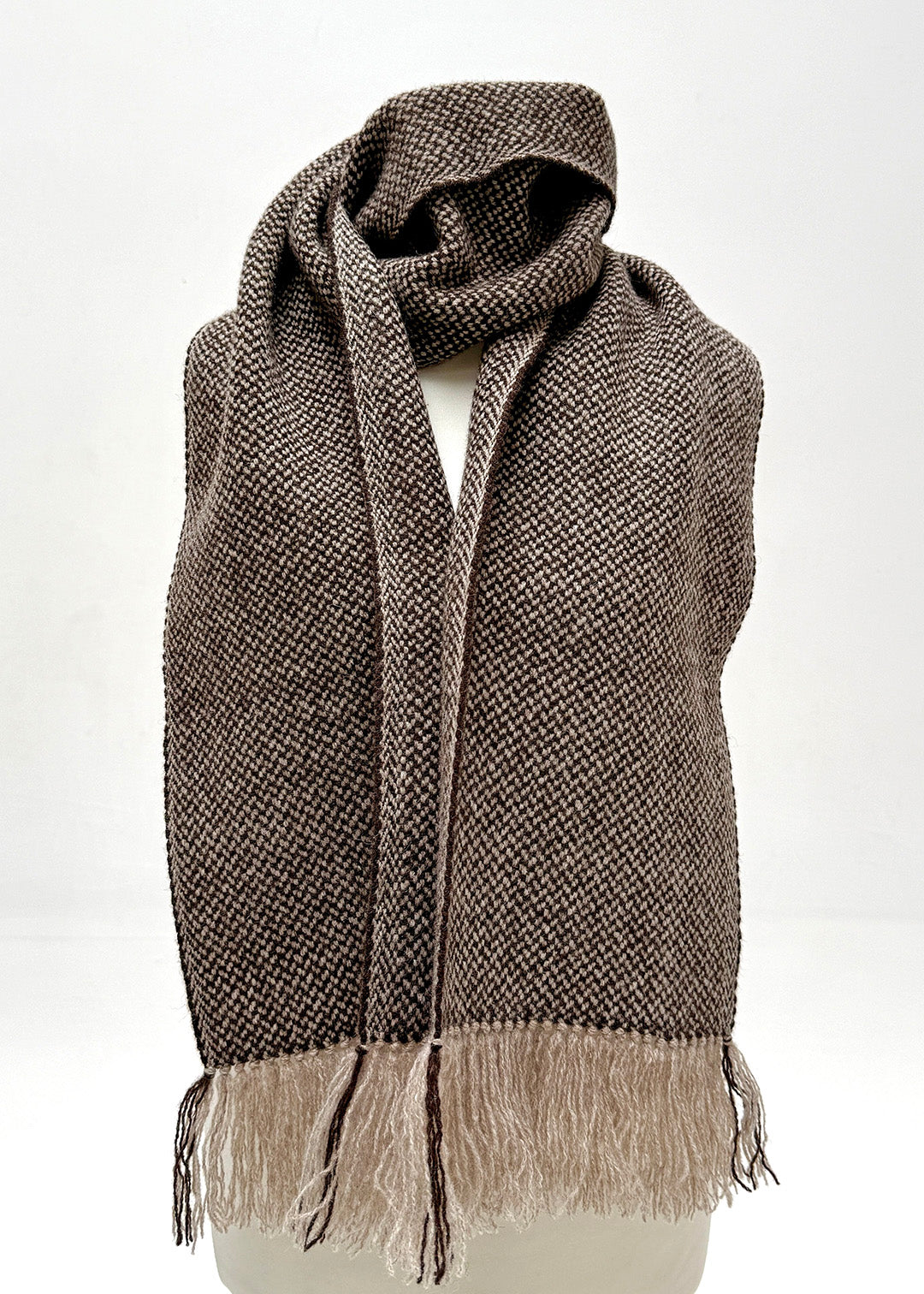 Handwoven British wool scarf in Shetland Black and Mooskit - un-dyed, natural colours.