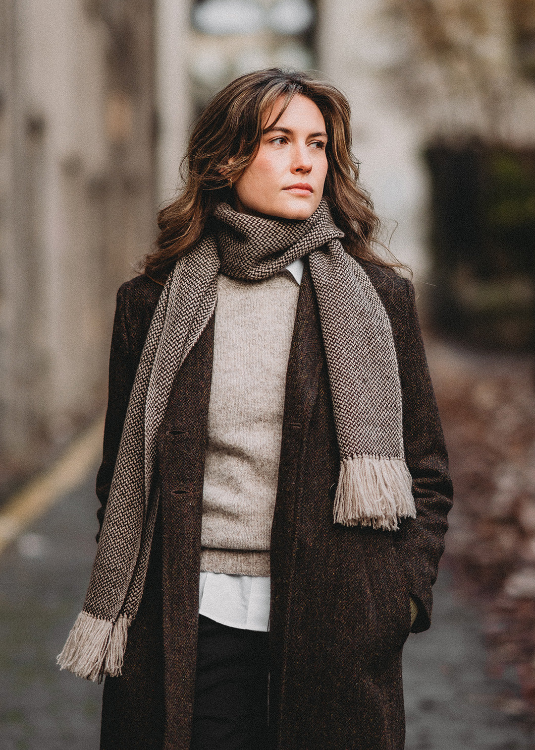 Handwoven British wool scarf in Shetland Black and Mooskit - un-dyed, natural colours.