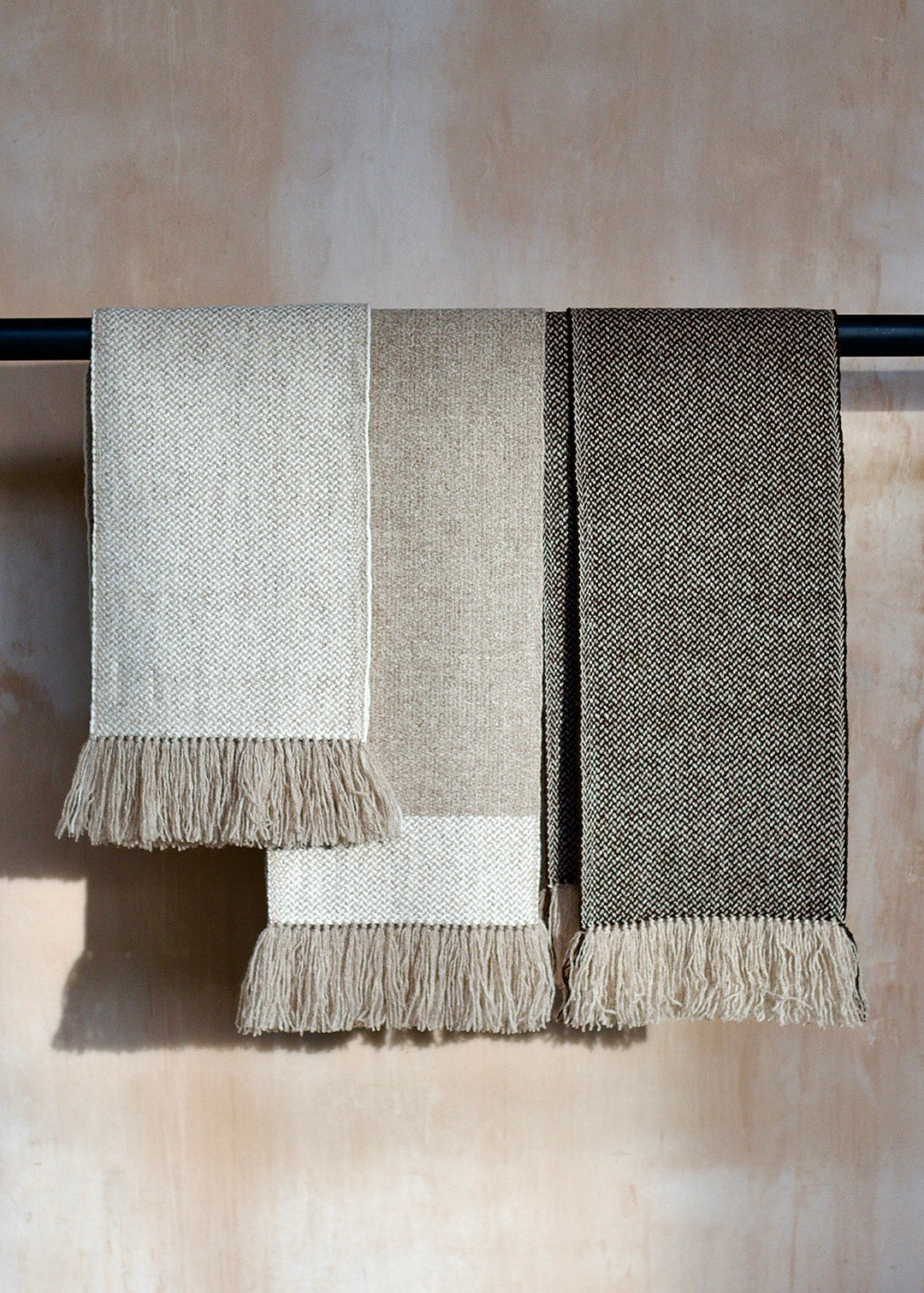 Handwoven British wool scarves in a choice of three natural, un-dyed shades.