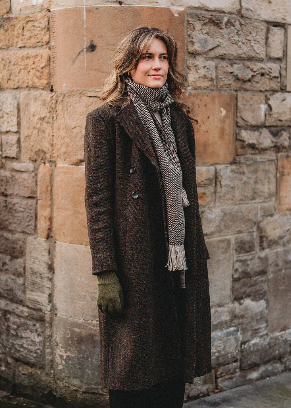 Pure wool Harris Tweed coat in brown umber.