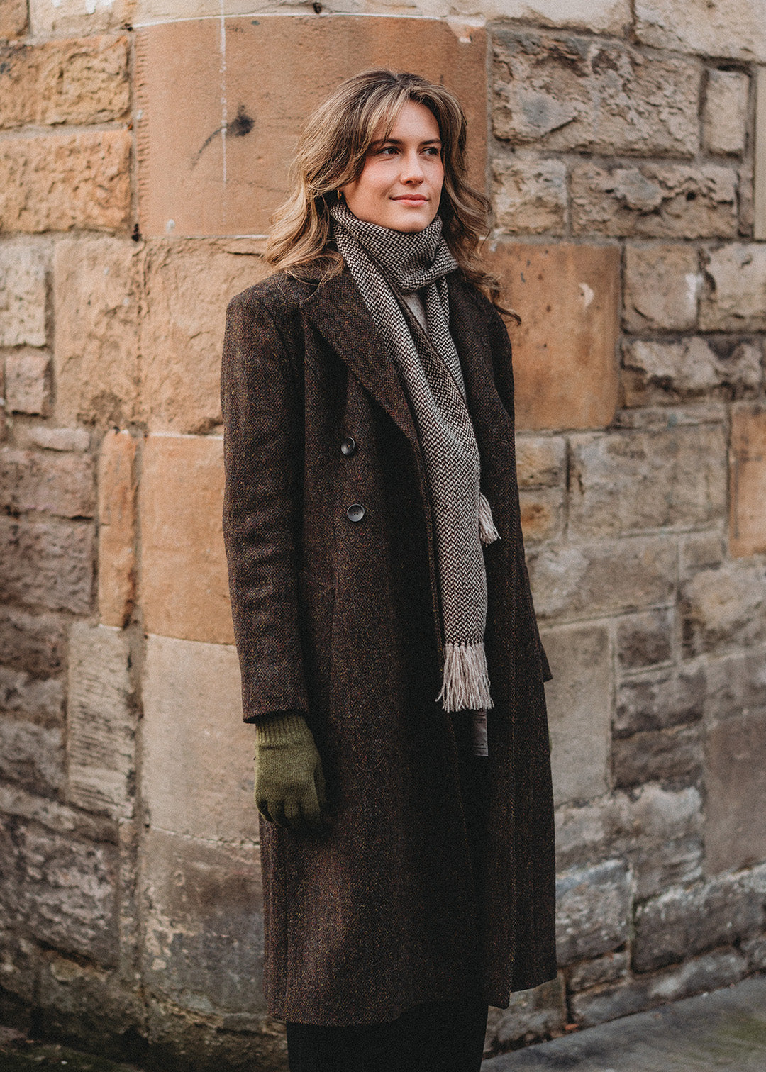 Pure wool Harris Tweed coat in brown umber.